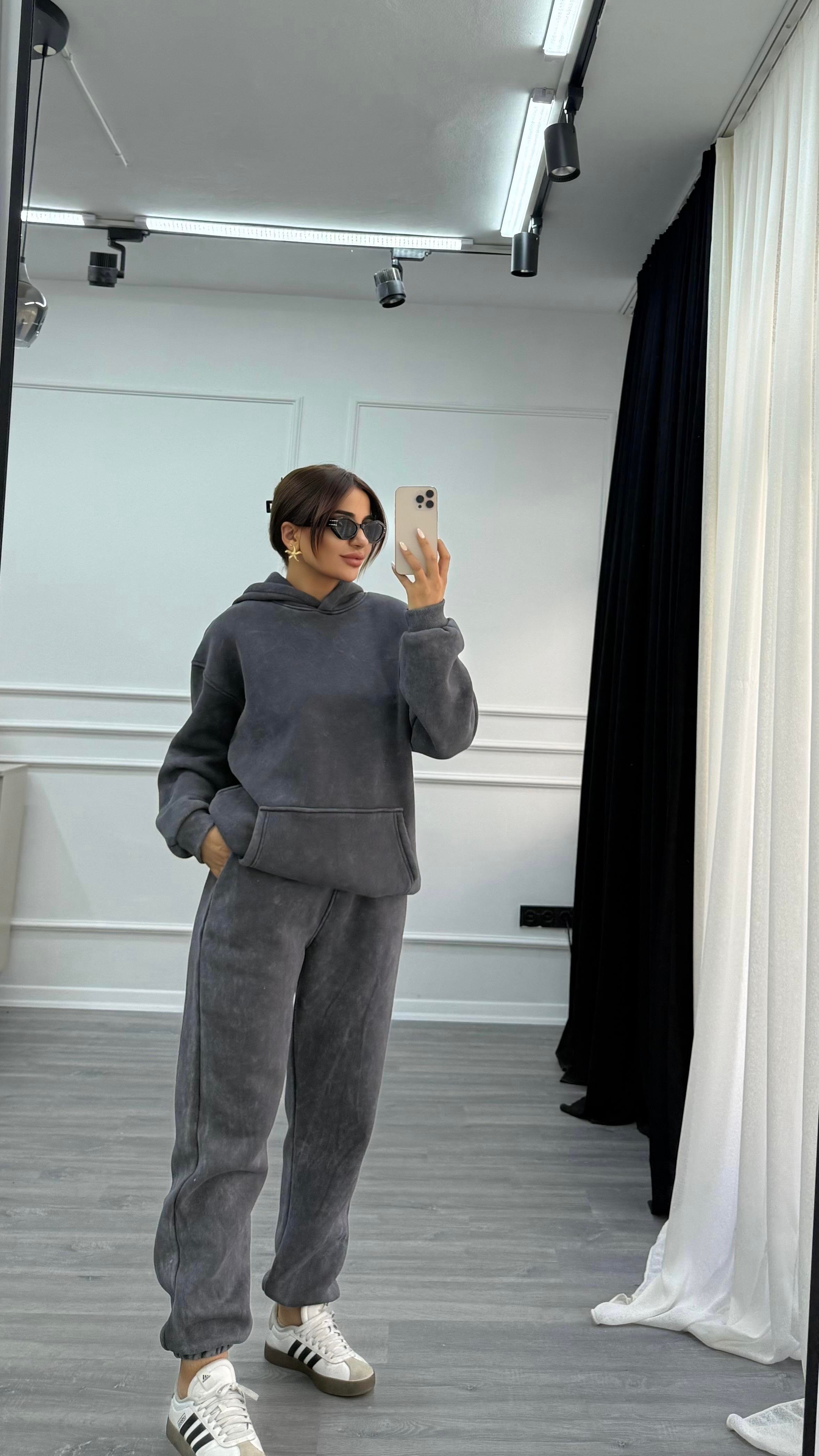 Antrasit Yıkamalı Oversize Kalın İçi Polarlı  Örme Takım