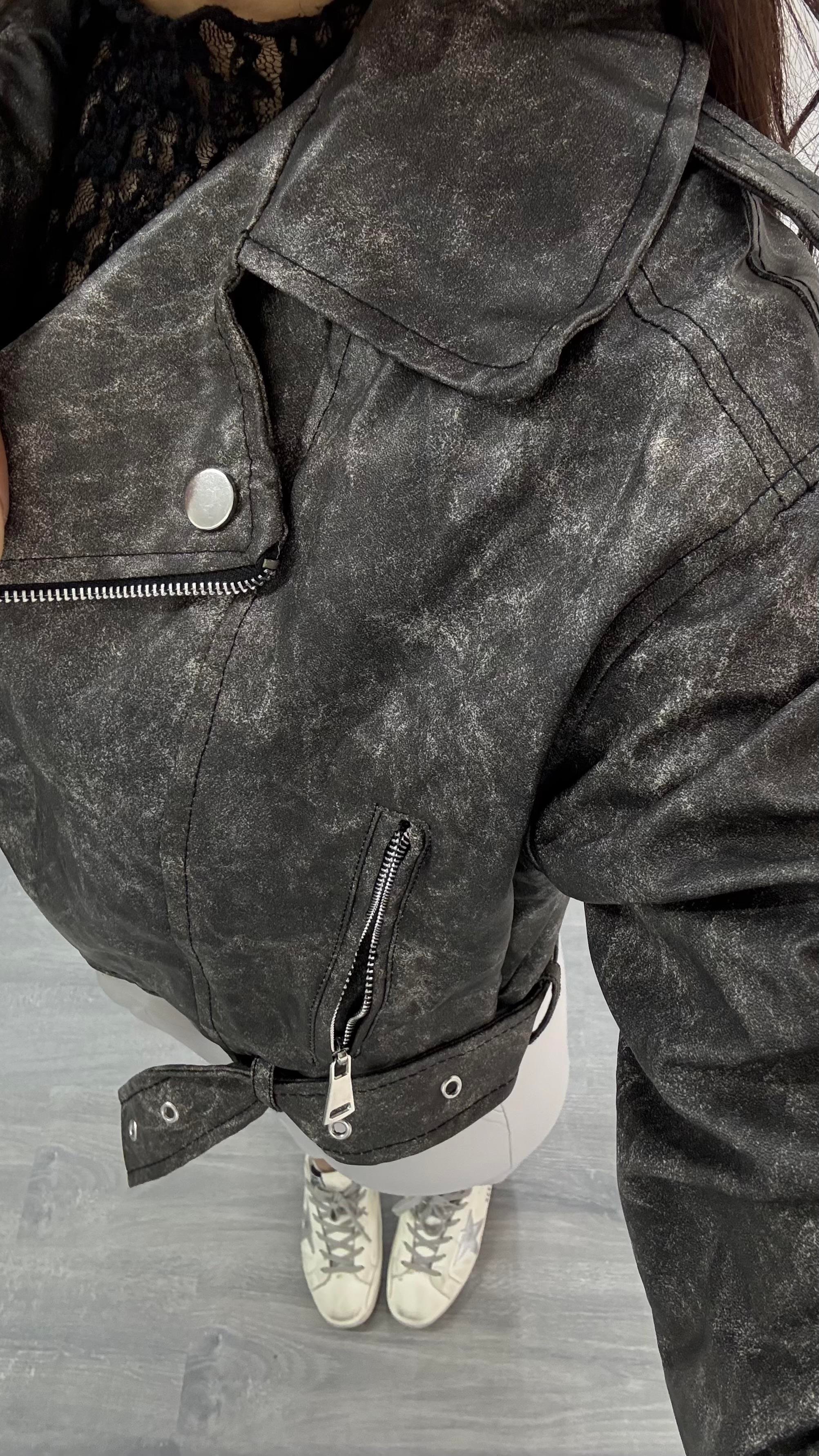 Antrasit Yıkmalı Suni Deri Biker Kısa Ceket