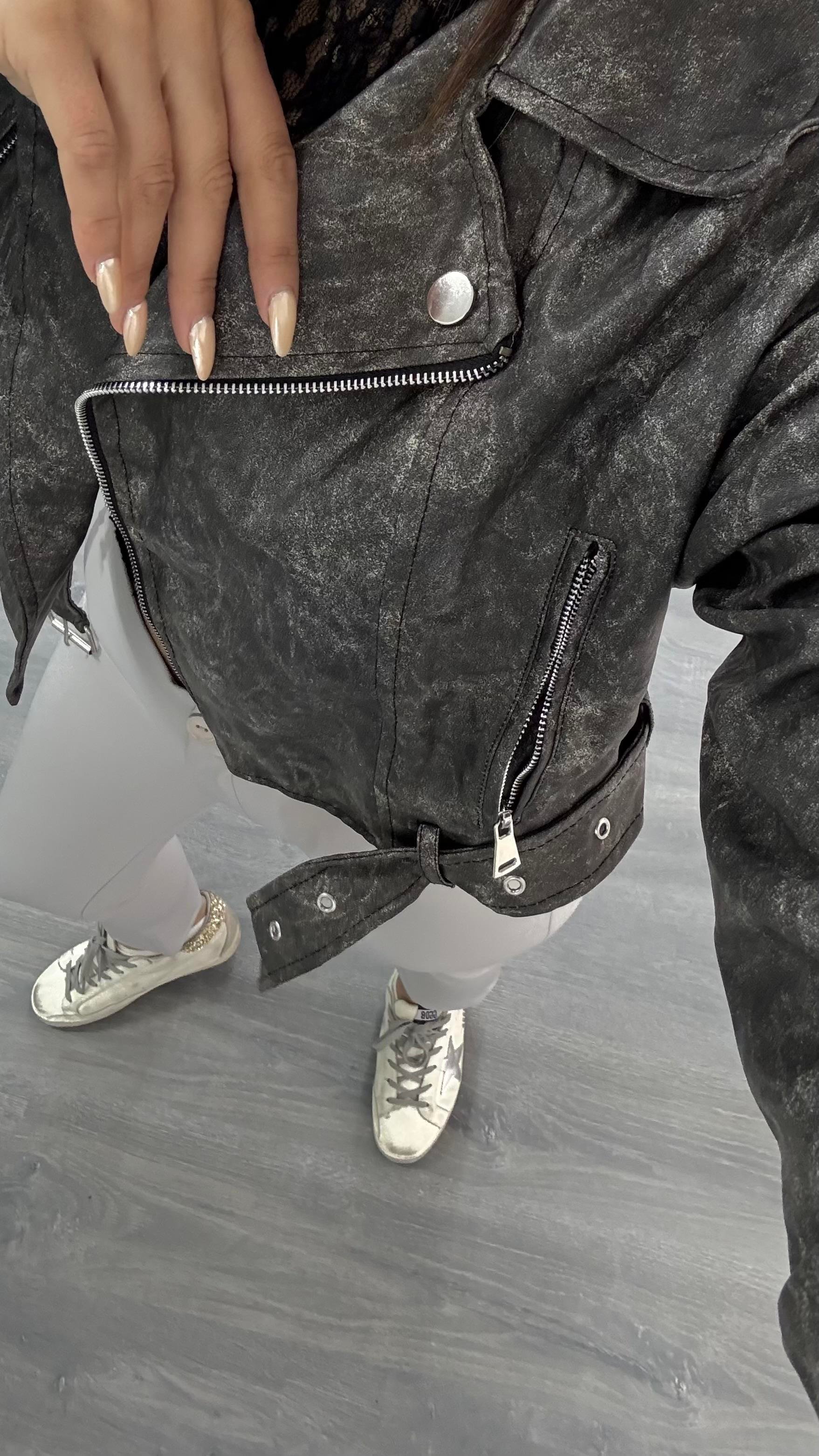 Antrasit Yıkmalı Suni Deri Biker Kısa Ceket