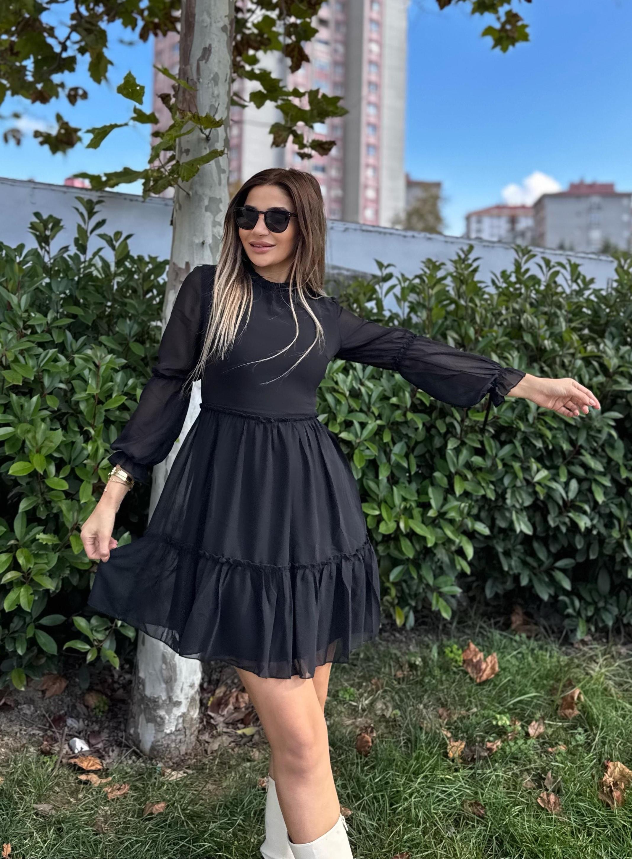 Astarlı Şifon Elbise-Siyah