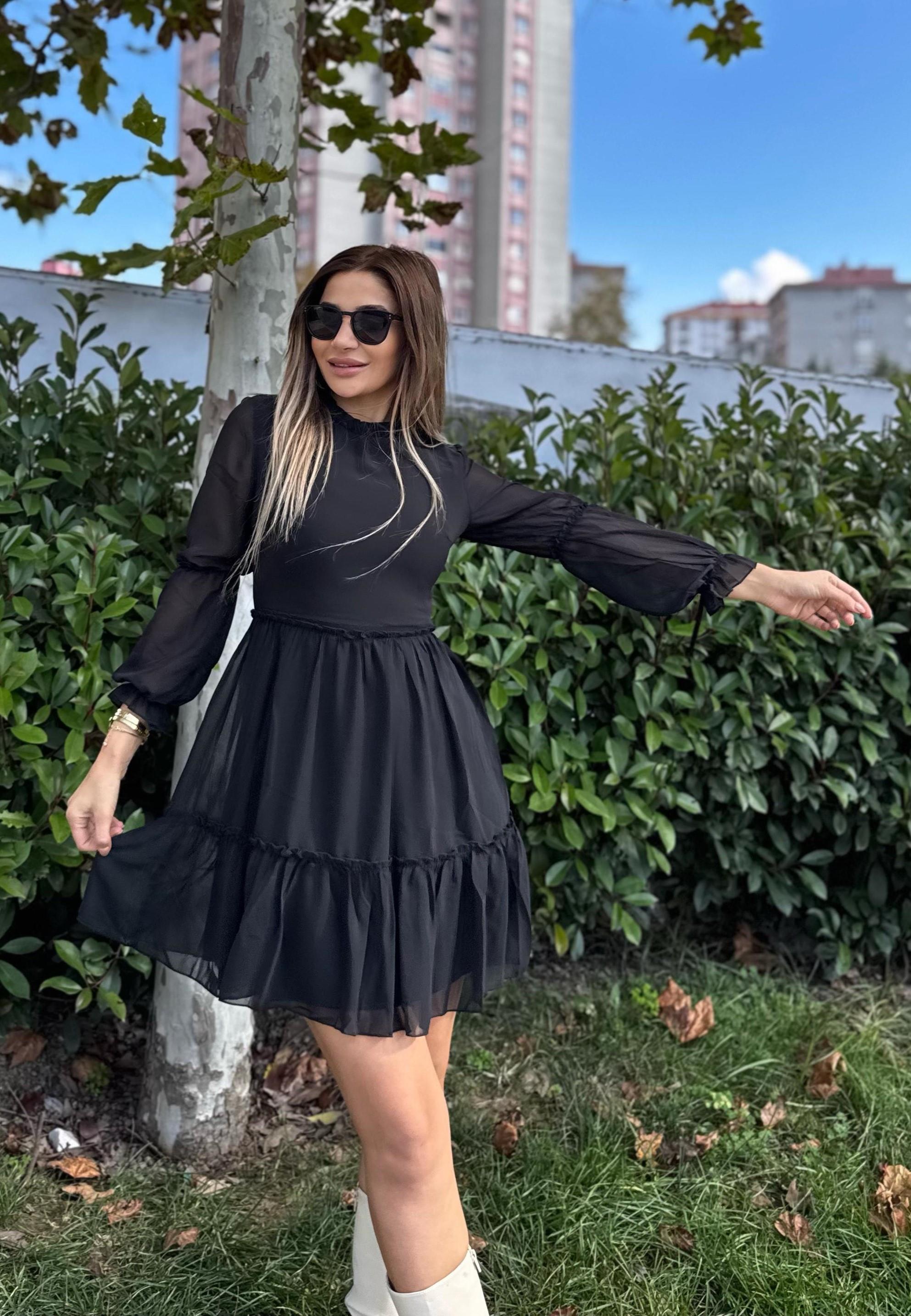 Astarlı Şifon Elbise-Siyah