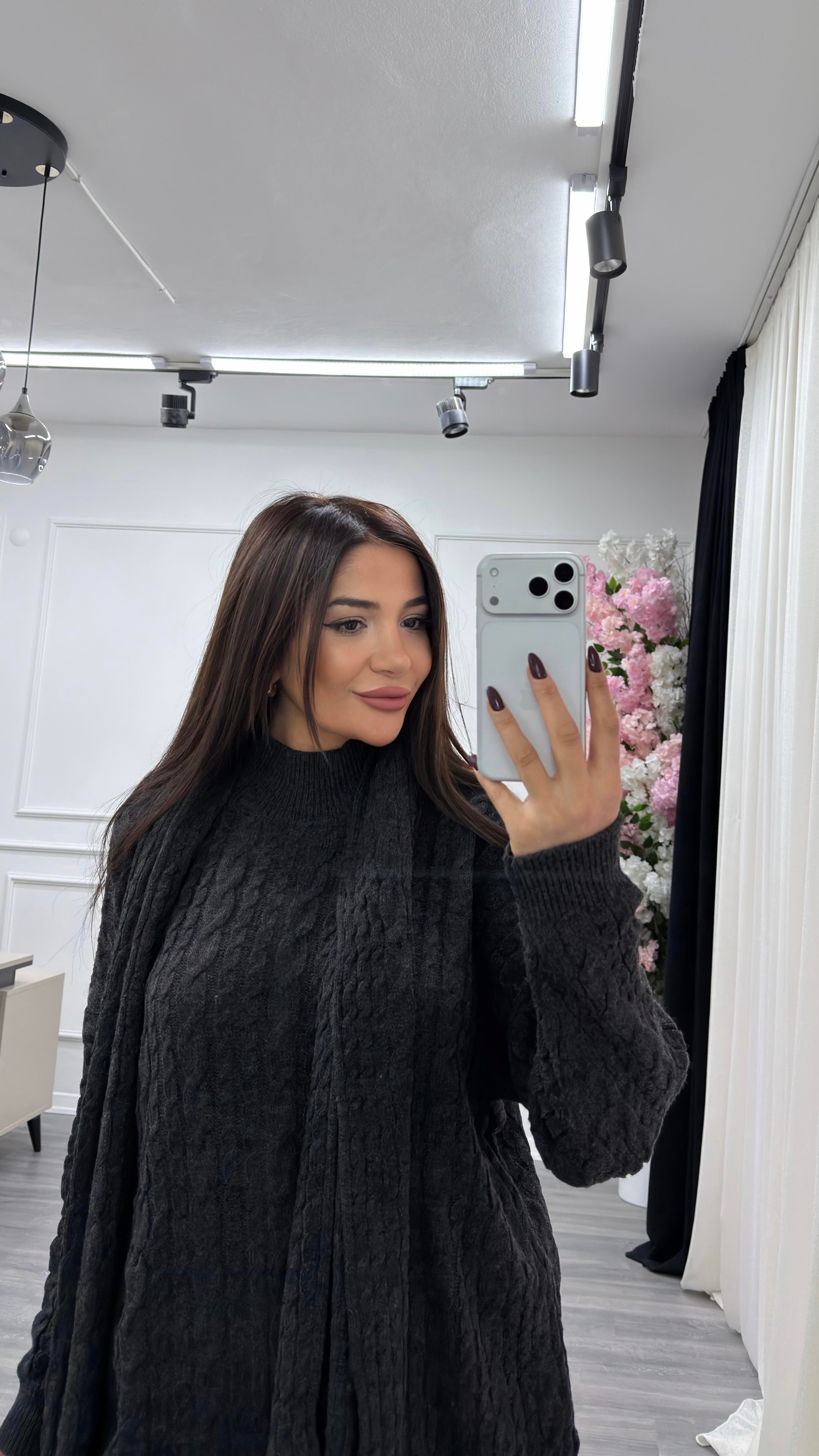 Atkılı Saç Örgü 3'lü Triko Takım- Antrasit