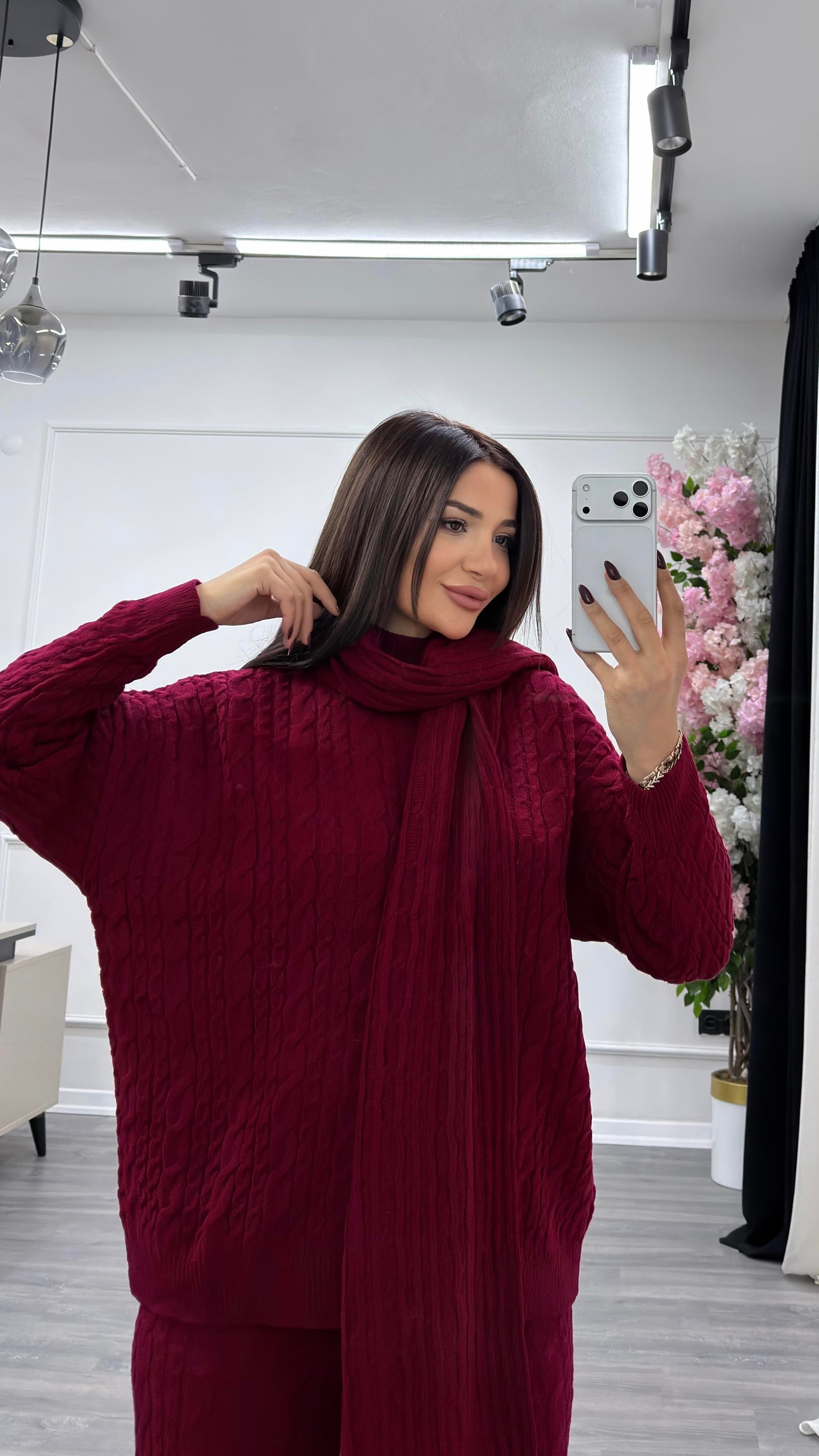 Atkılı Saç Örgü 3'lü Triko Takım- bordo