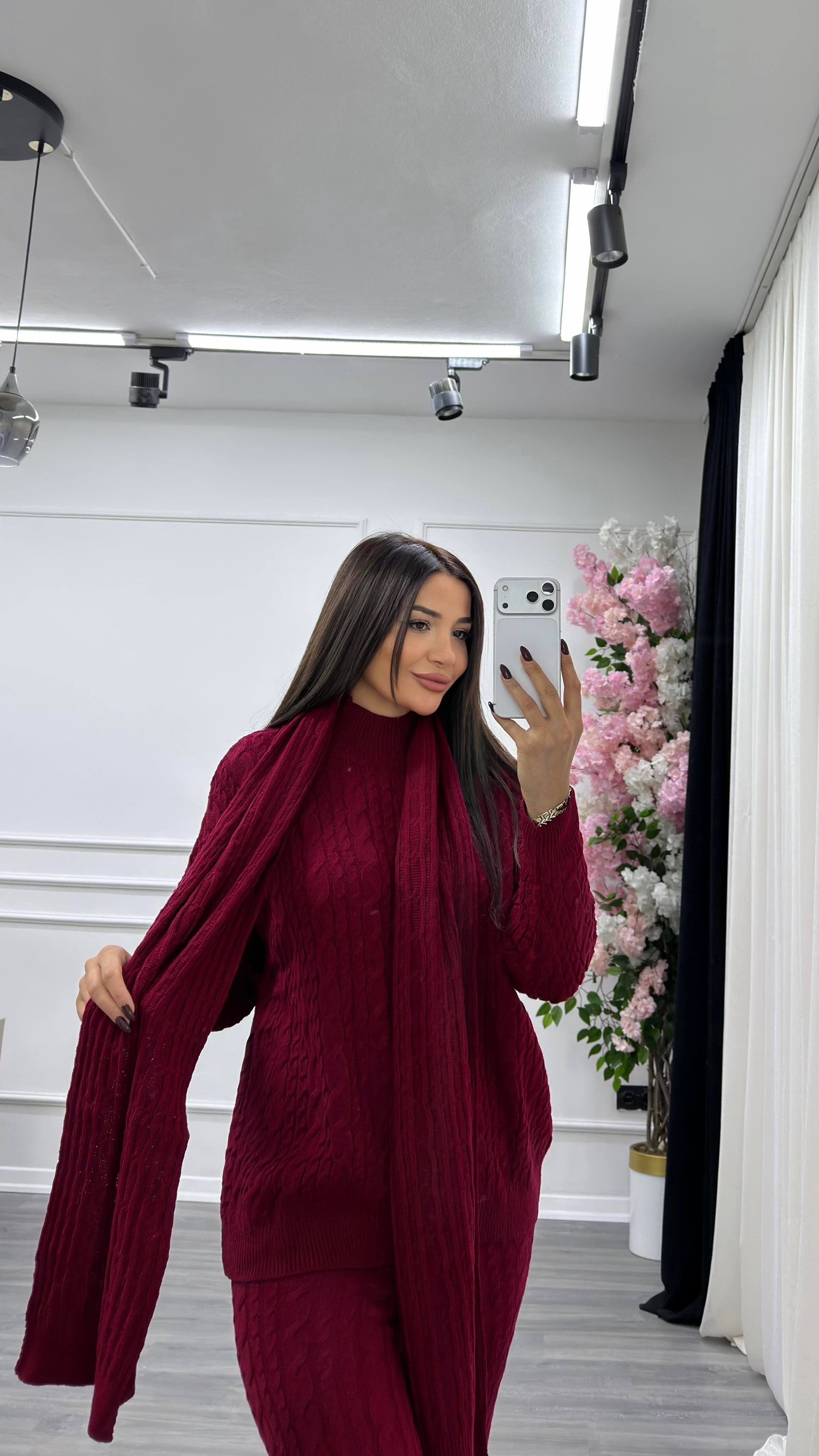 Atkılı Saç Örgü 3'lü Triko Takım- bordo