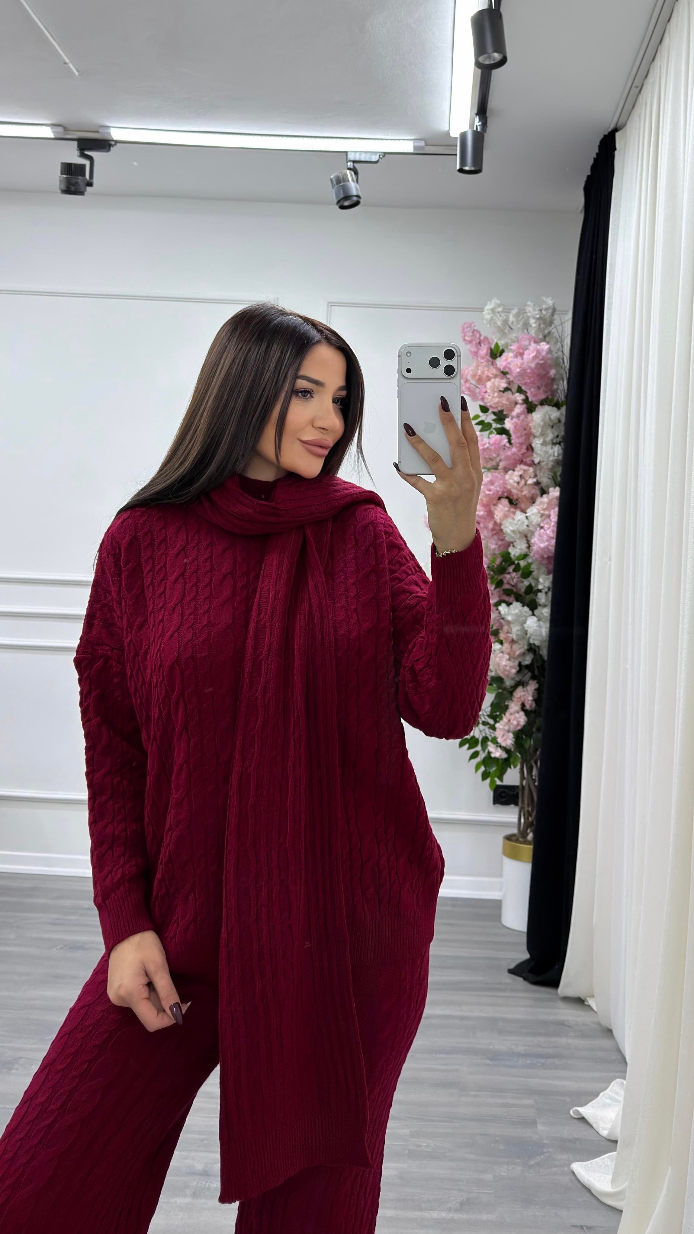 Atkılı Saç Örgü 3'lü Triko Takım- bordo