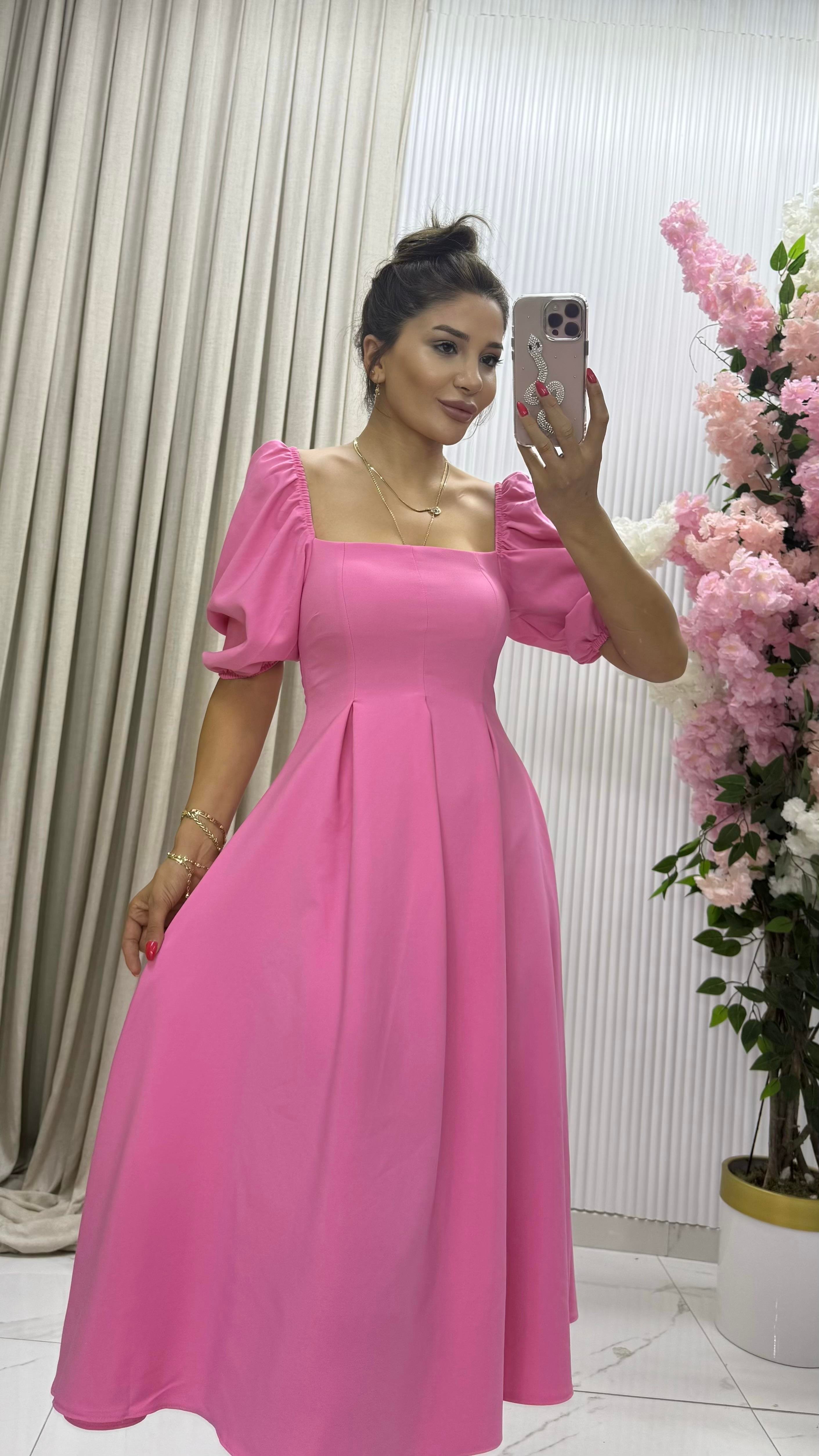Atlas Kumaş Kısa Balon Kol Straplez Yaka Pileli Kloş Kesim Midi Boy Pembe  Elbise