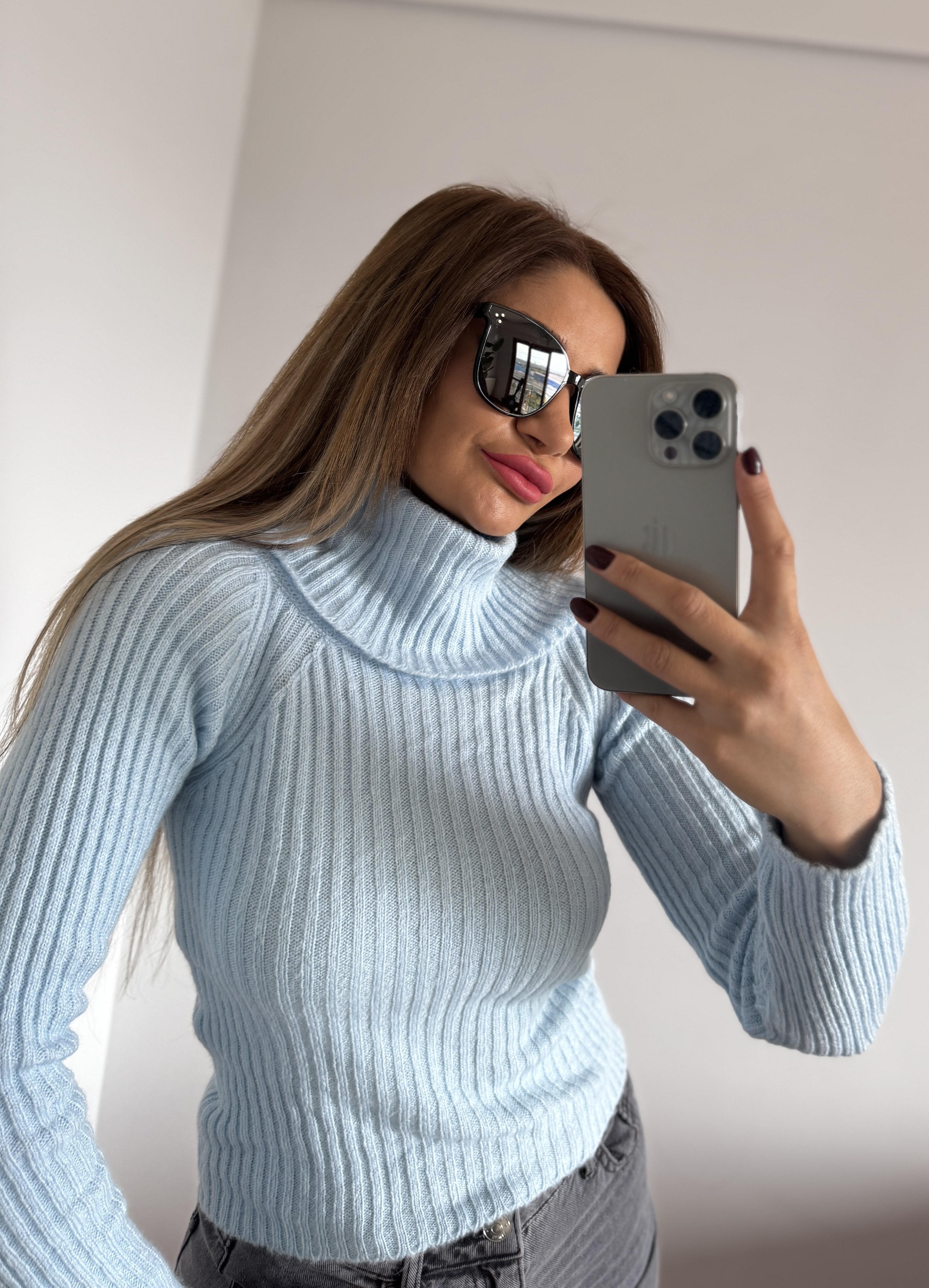 Ayarlanabilir Degaje Yaka Triko Bluz-Bebe Mavi