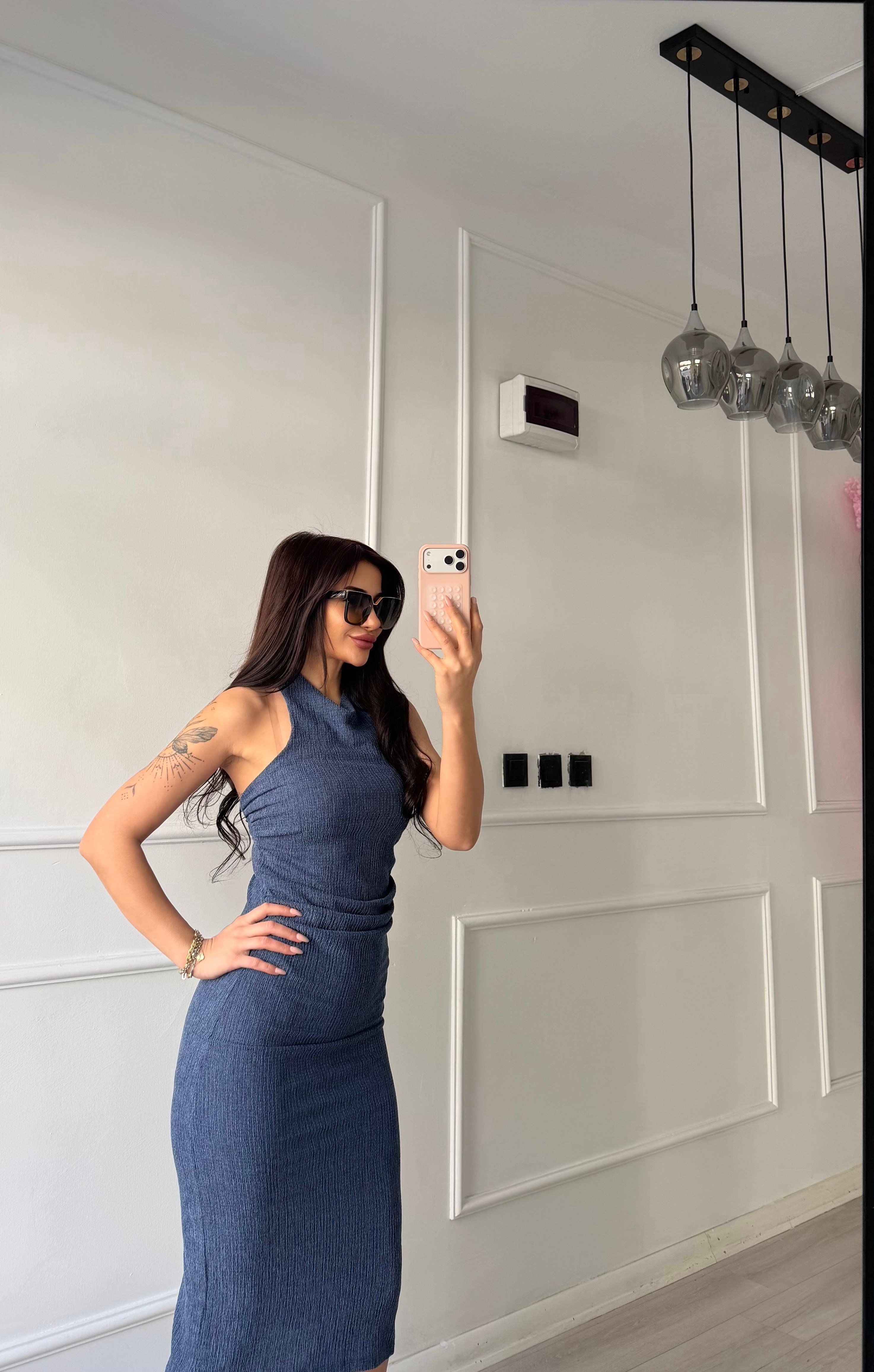 Bağlamalı Beli Büzgülü Saks Mavi elbise