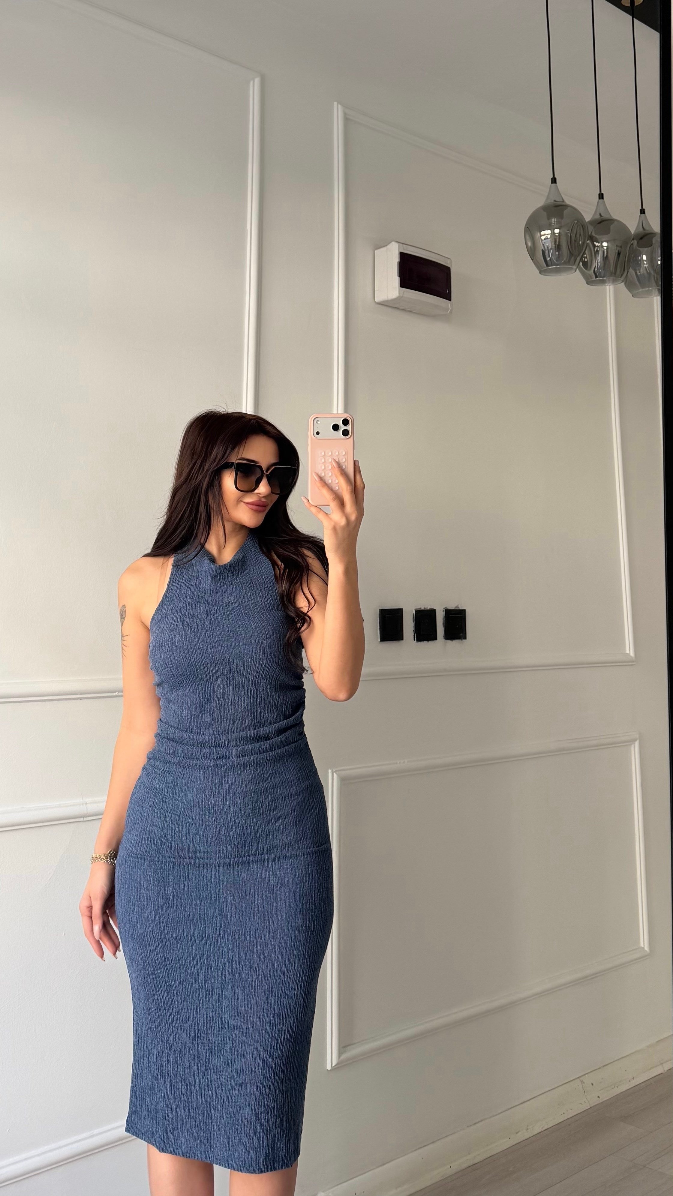 Bağlamalı Beli Büzgülü Saks Mavi elbise