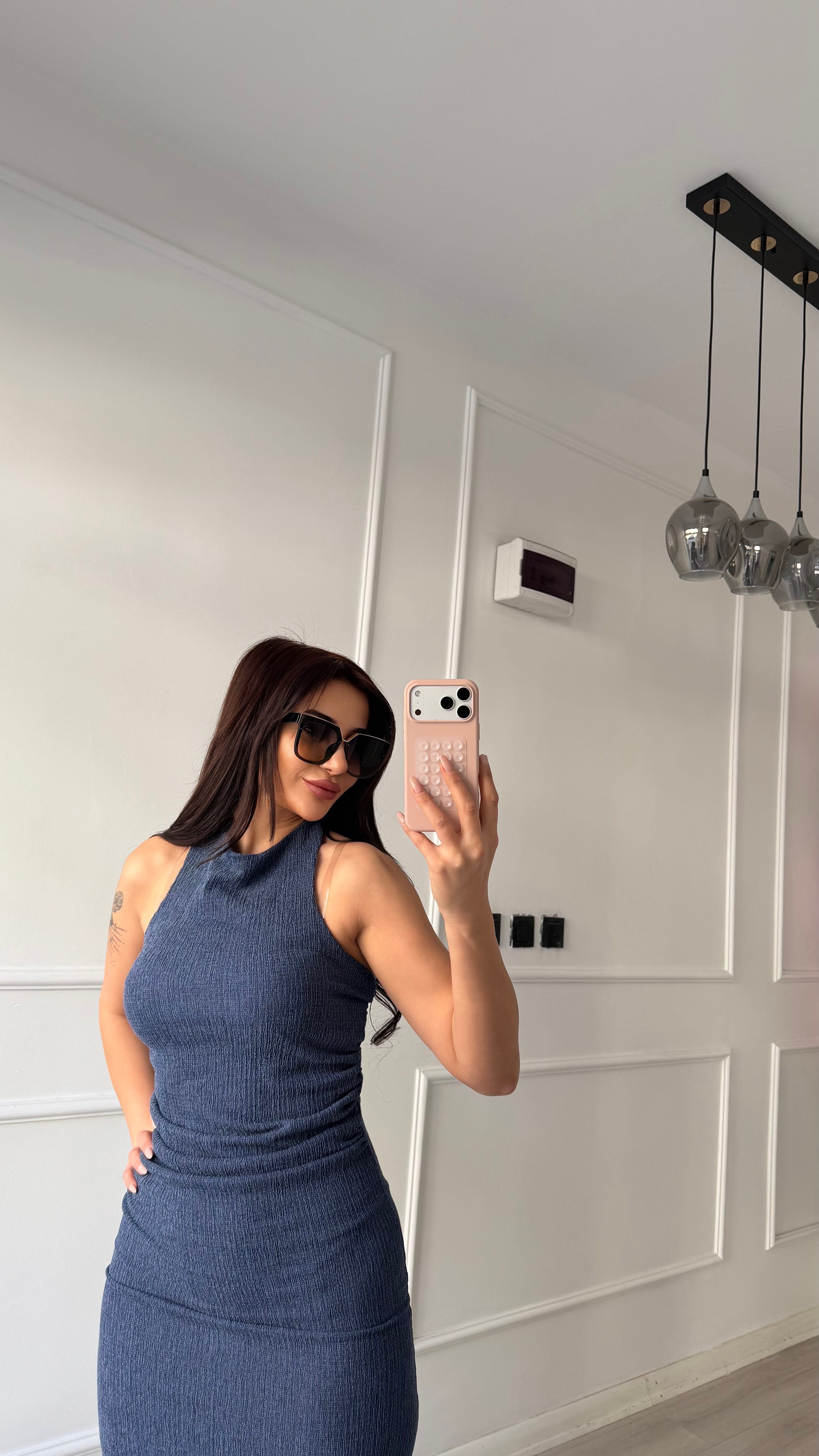 Bağlamalı Beli Büzgülü Saks Mavi elbise