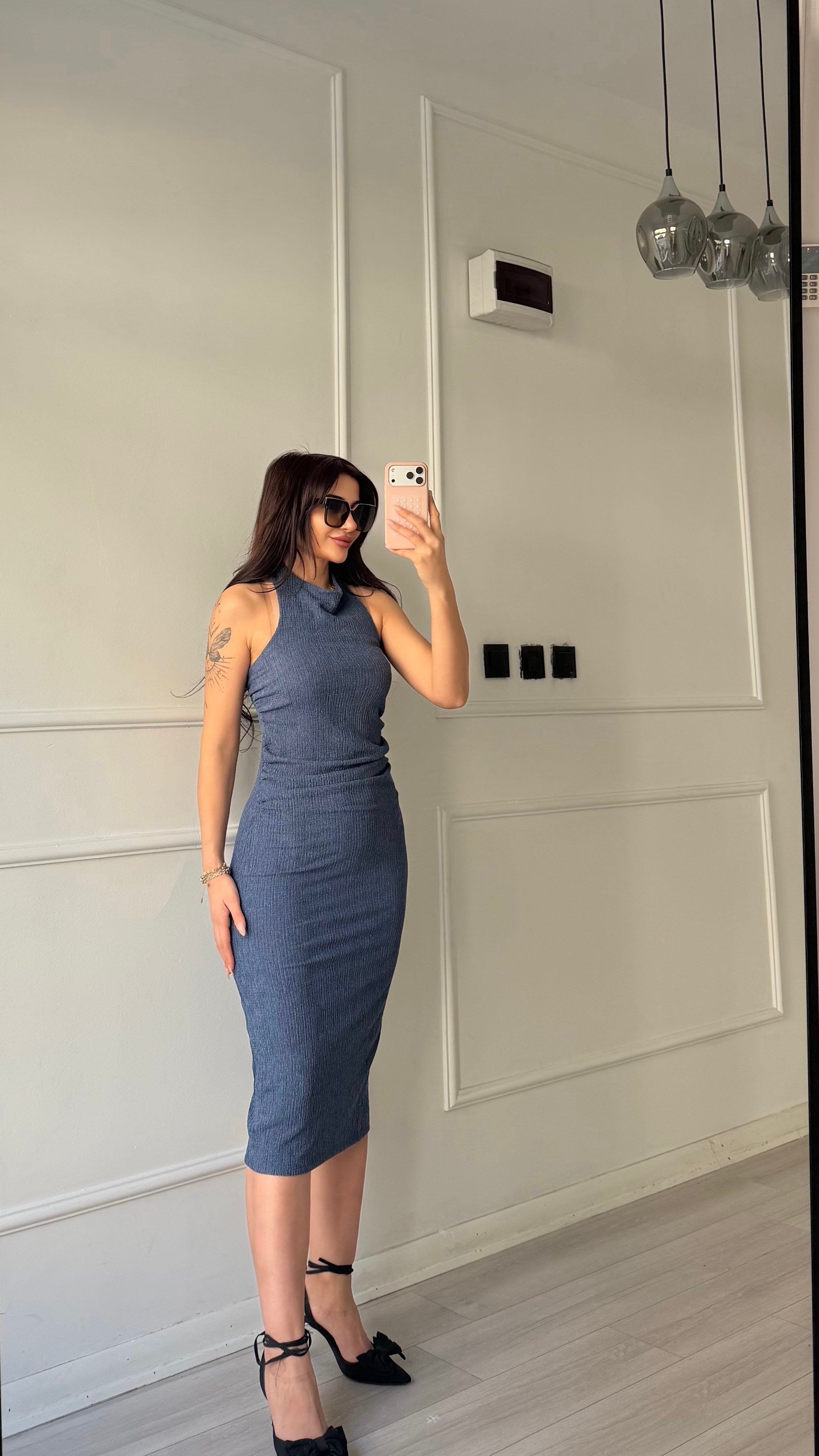 Bağlamalı Beli Büzgülü Saks Mavi elbise