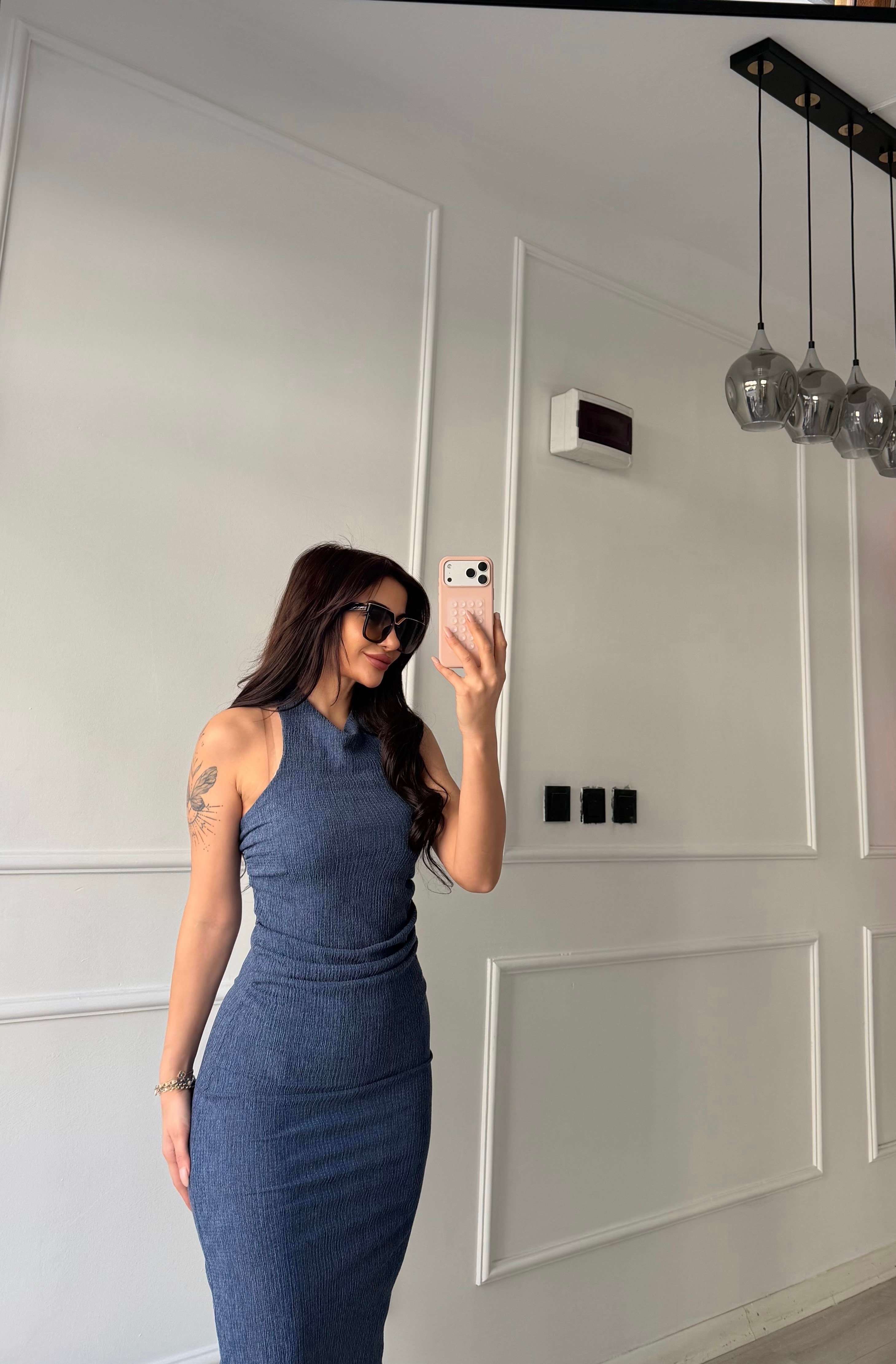 Bağlamalı Beli Büzgülü Saks Mavi elbise