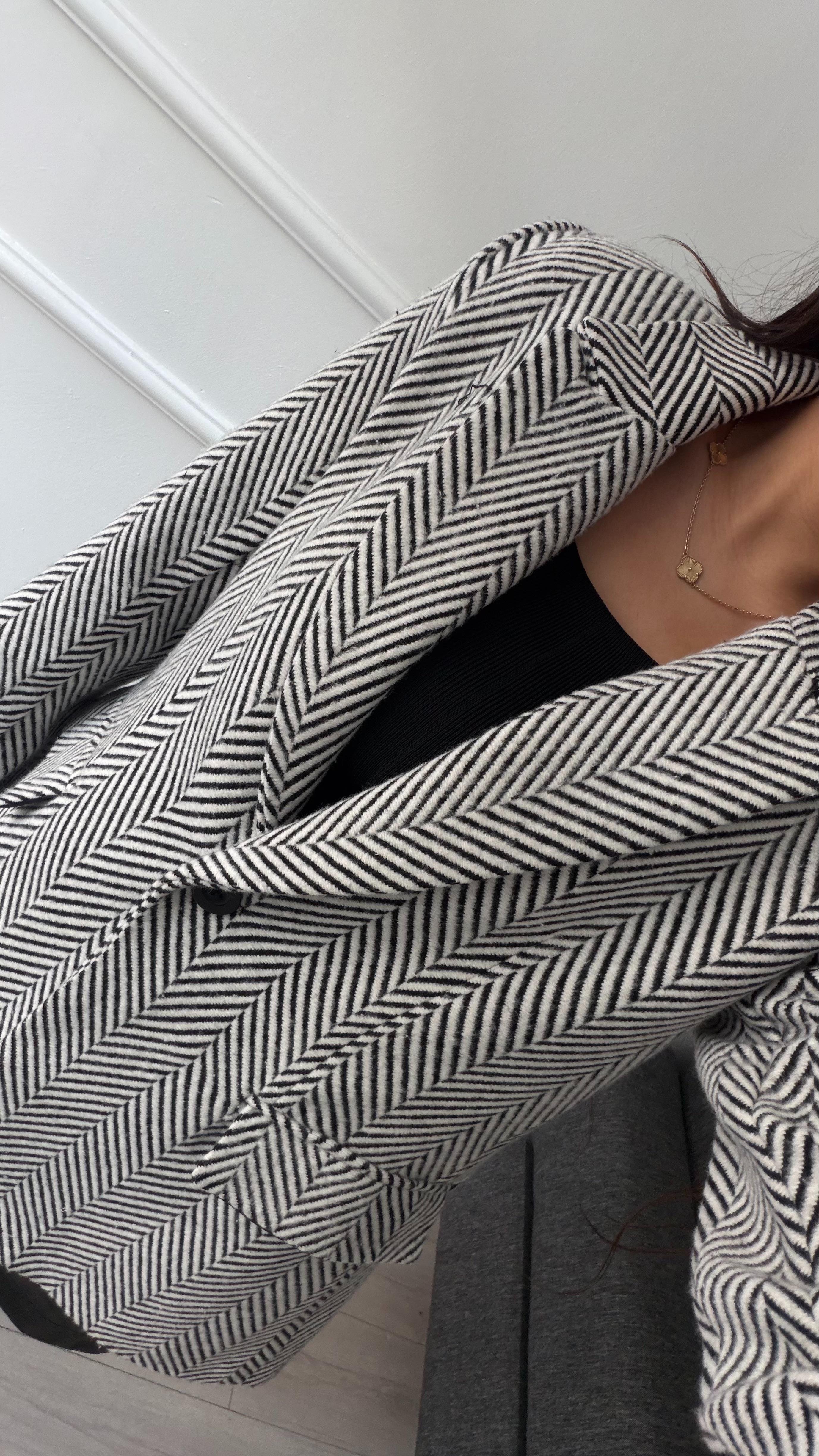 Balık Sırtı Desenli Blazer Kaşe Kumaş  Ceket - Siyah Beyaz