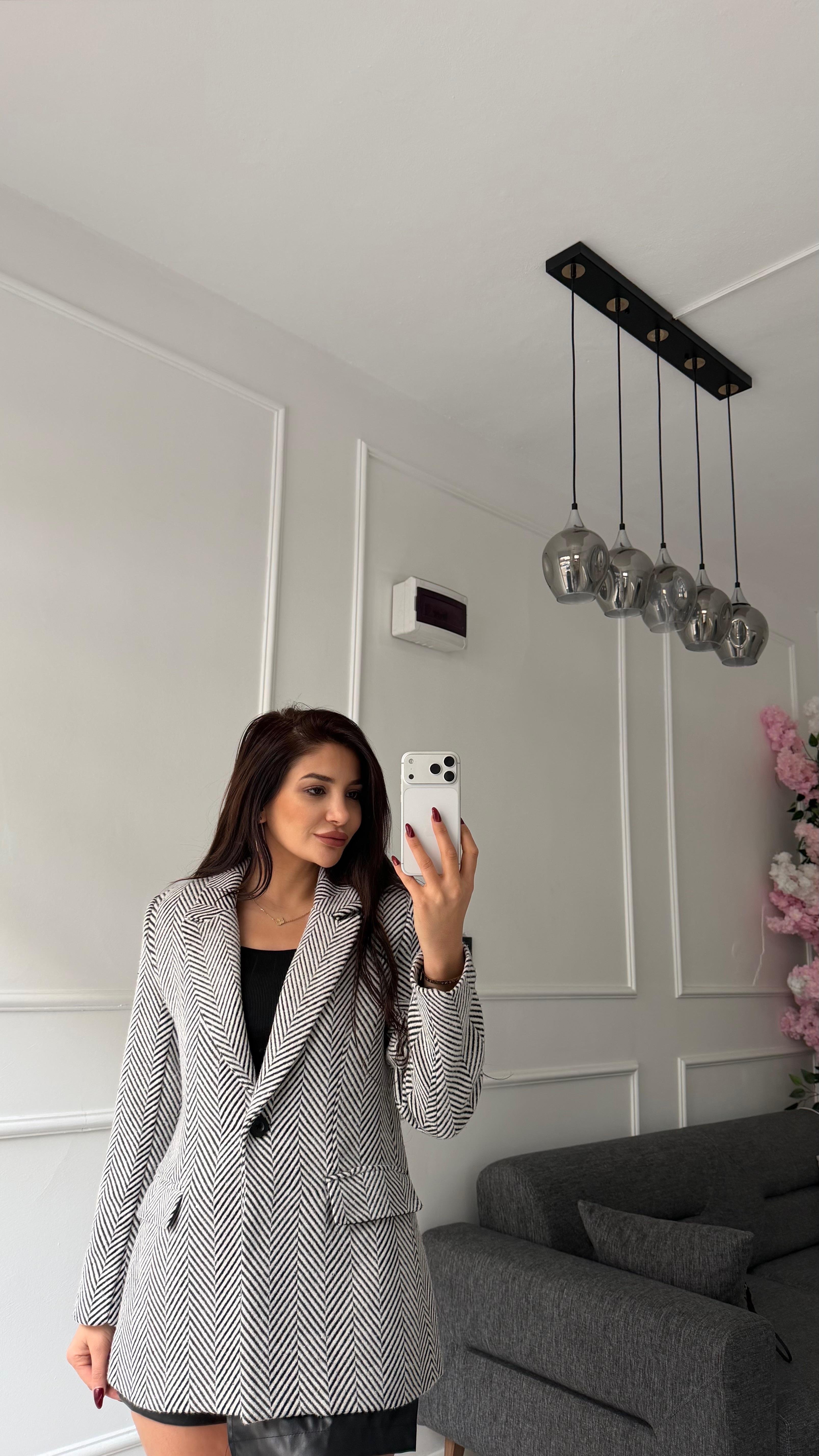 Balık Sırtı Desenli Blazer Kaşe Kumaş  Ceket - Siyah Beyaz