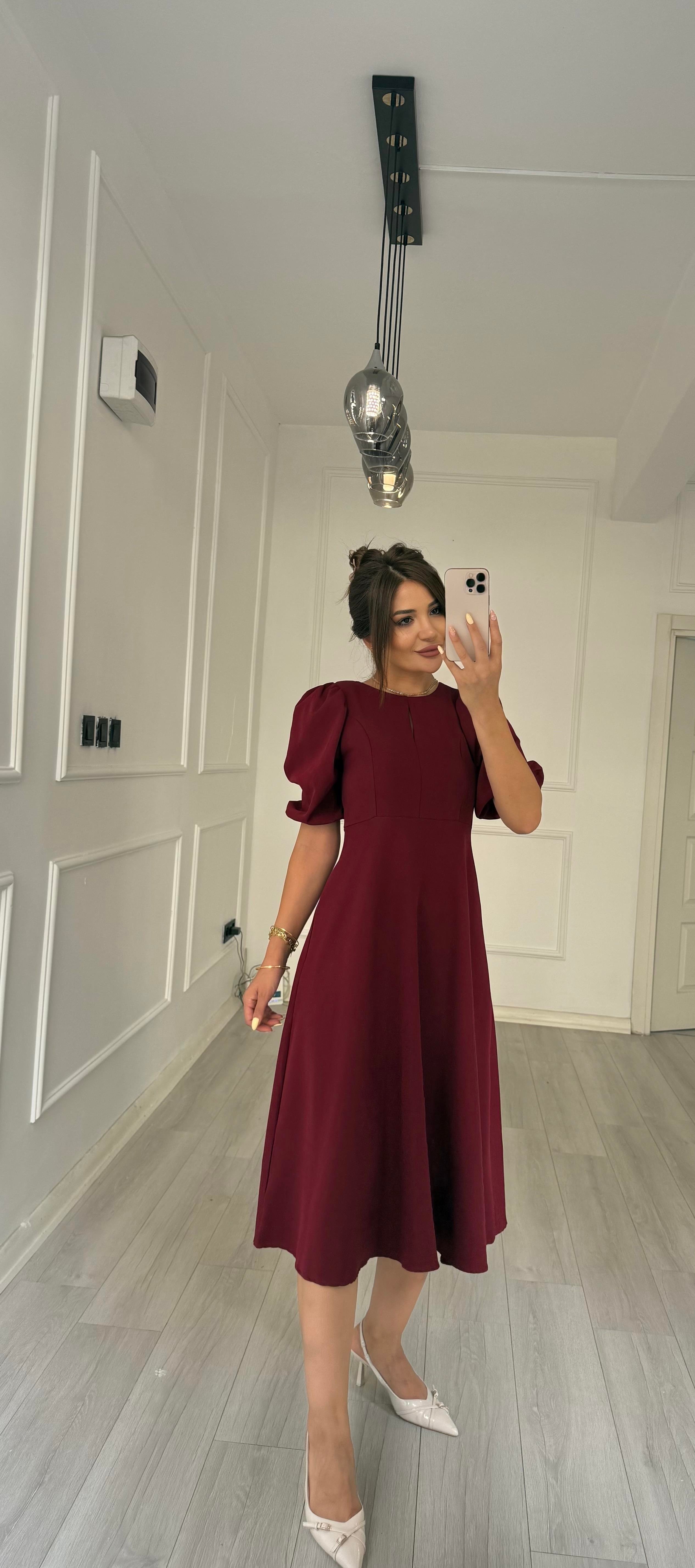Balon Kol  Volanlı Atlas Kumaş Elbise-Bordo