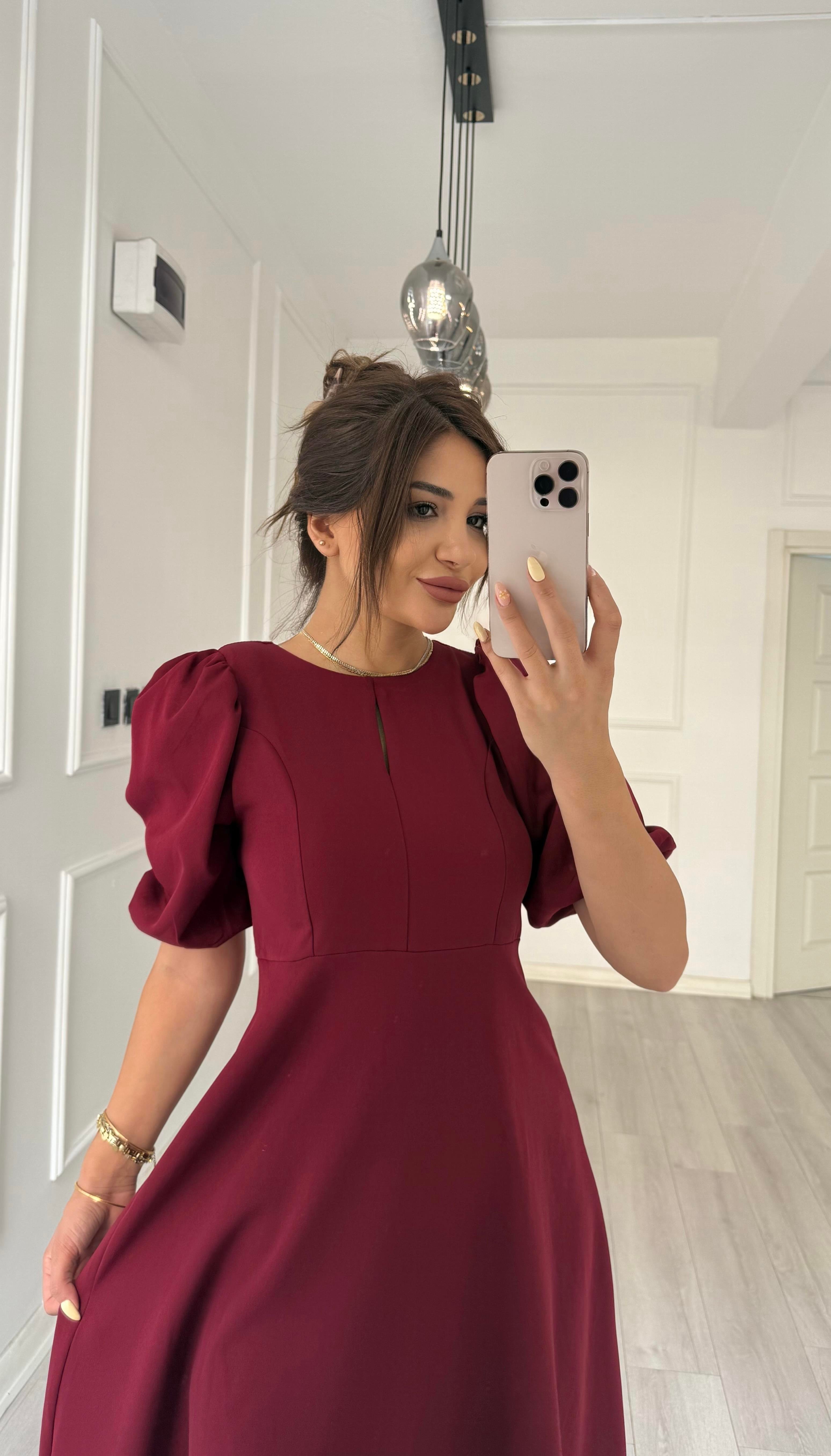 Balon Kol  Volanlı Atlas Kumaş Elbise-Bordo