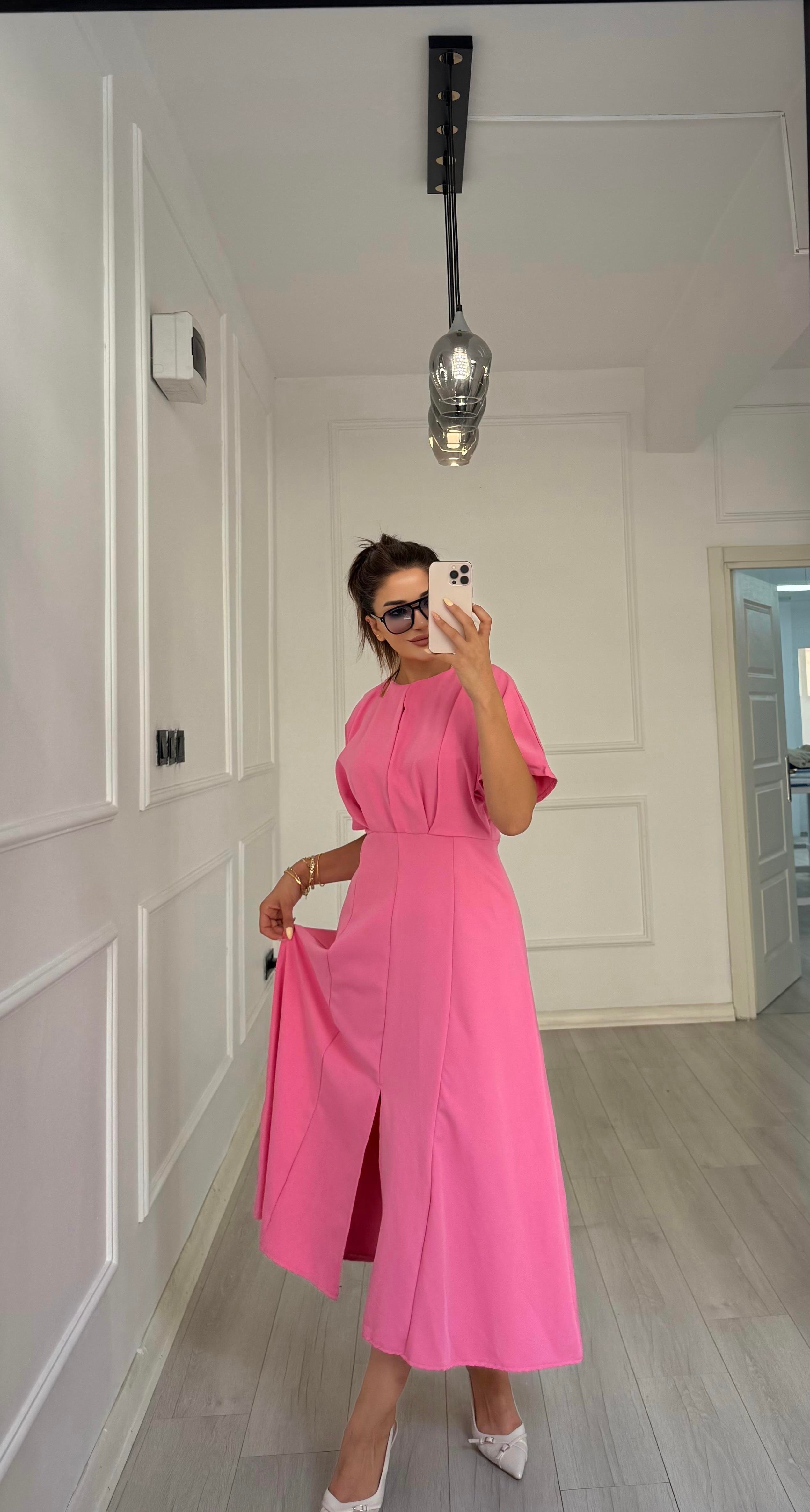 Balon Kol  Volanlı Atlas Kumaş Elbise-pembe