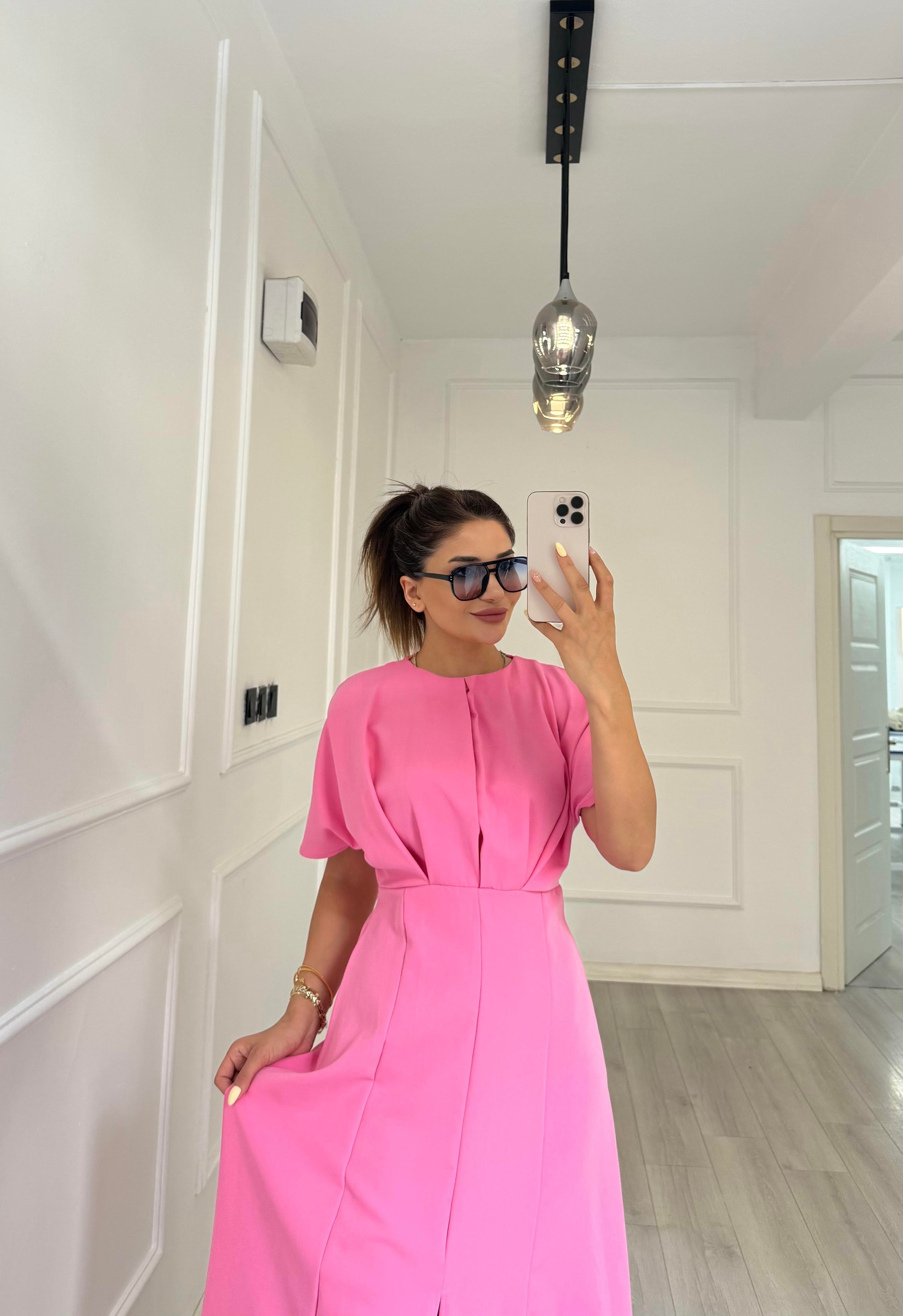 Balon Kol  Volanlı Atlas Kumaş Elbise-pembe