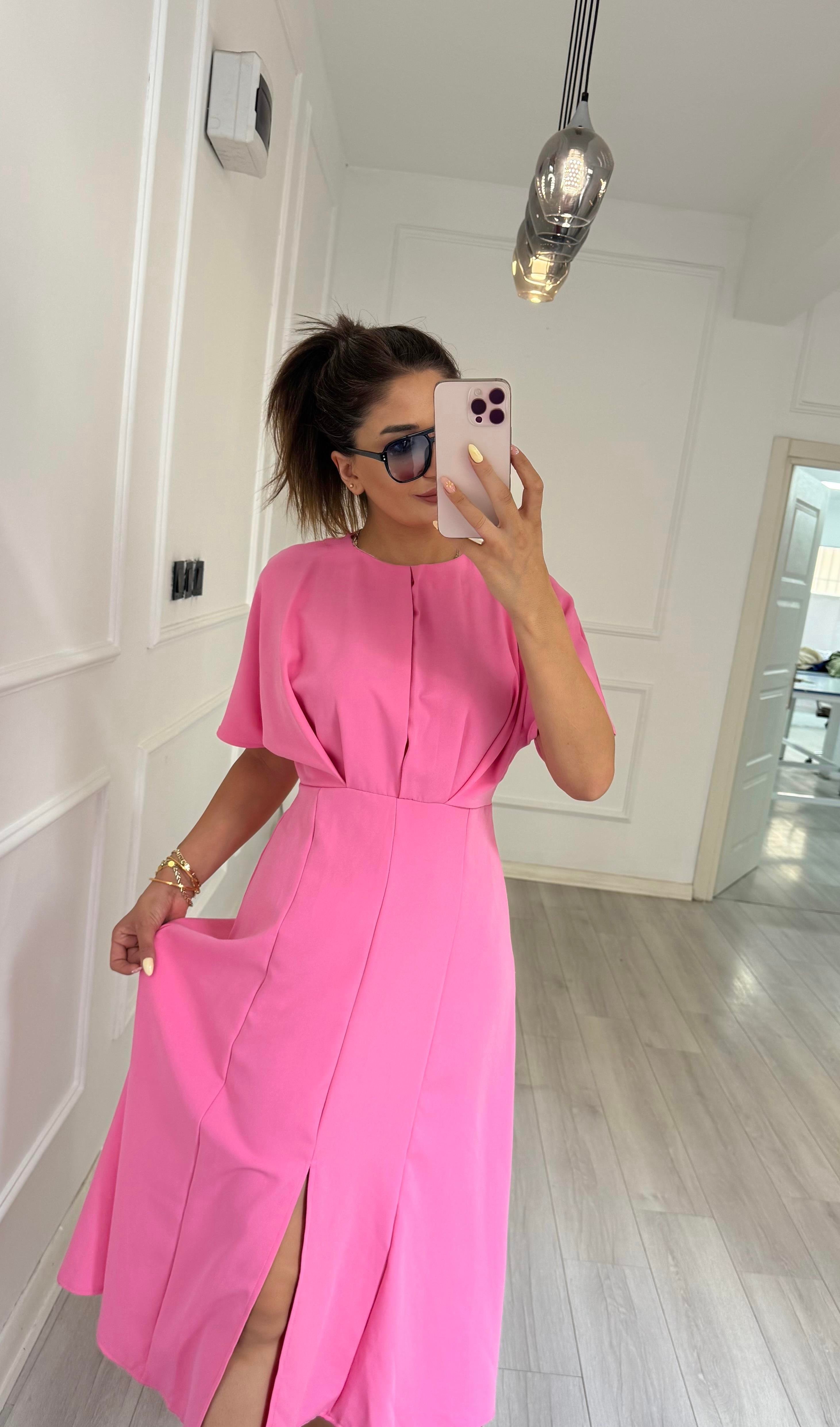 Balon Kol  Volanlı Atlas Kumaş Elbise-pembe