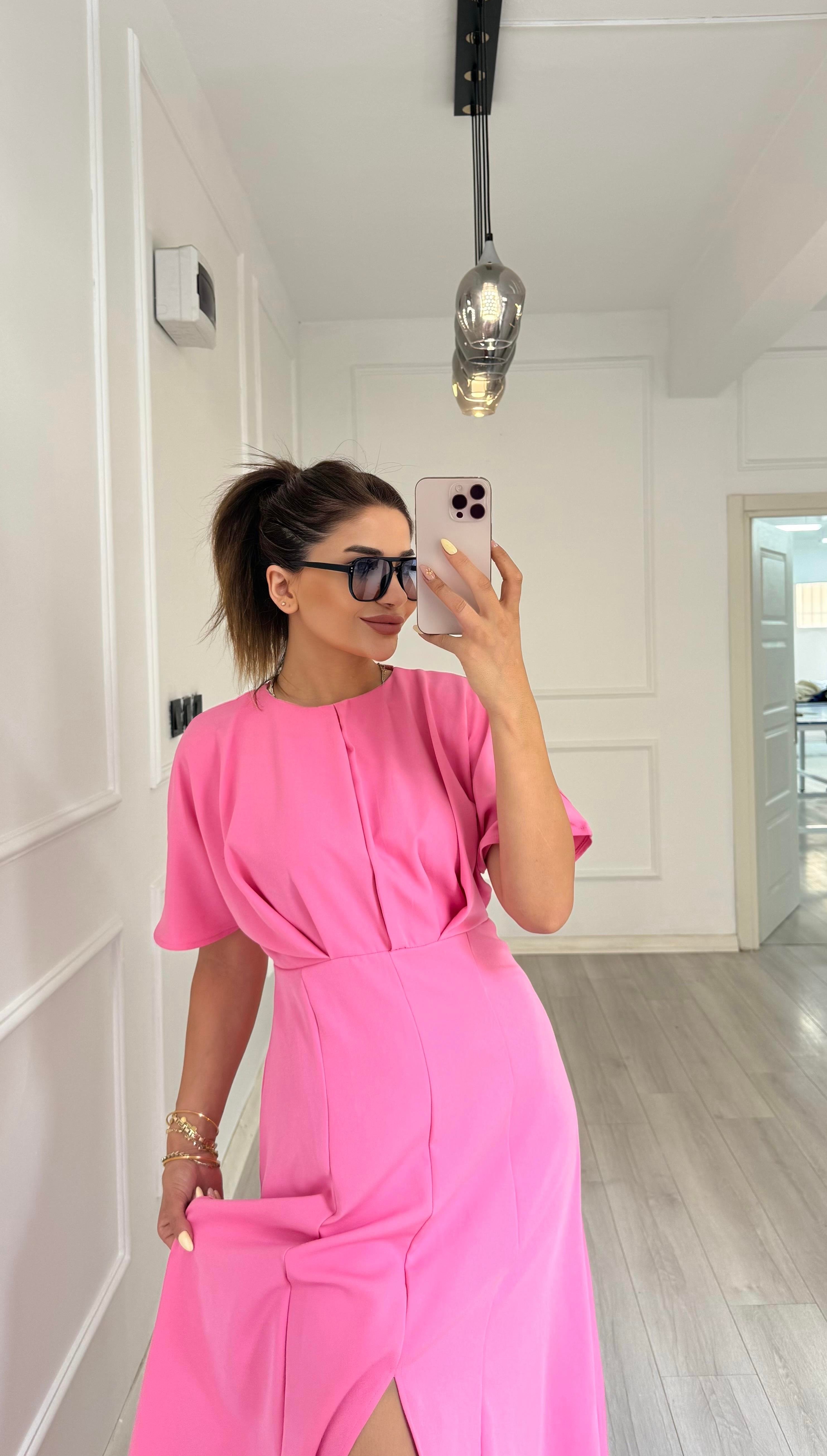 Balon Kol  Volanlı Atlas Kumaş Elbise-pembe