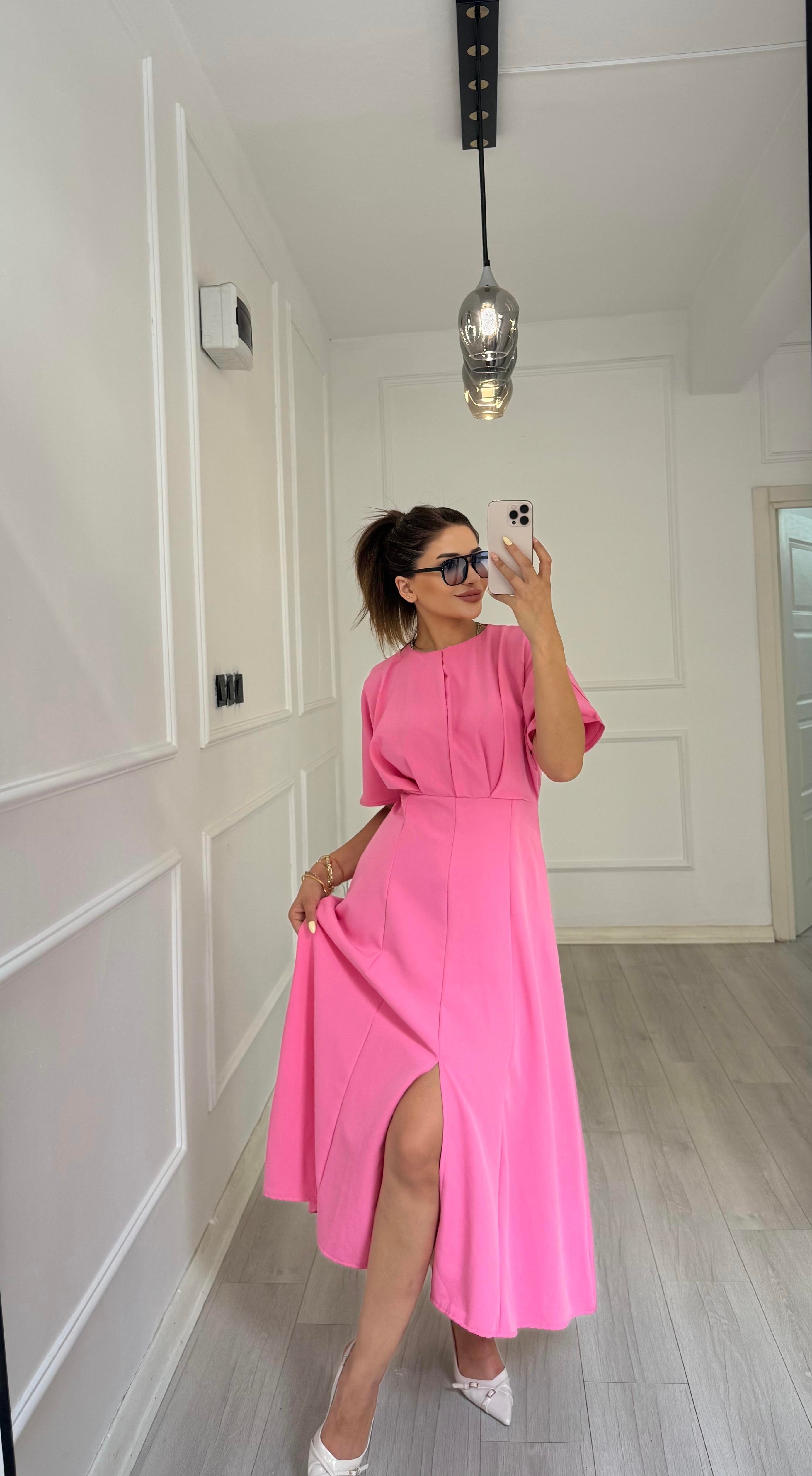 Balon Kol  Volanlı Atlas Kumaş Elbise-pembe