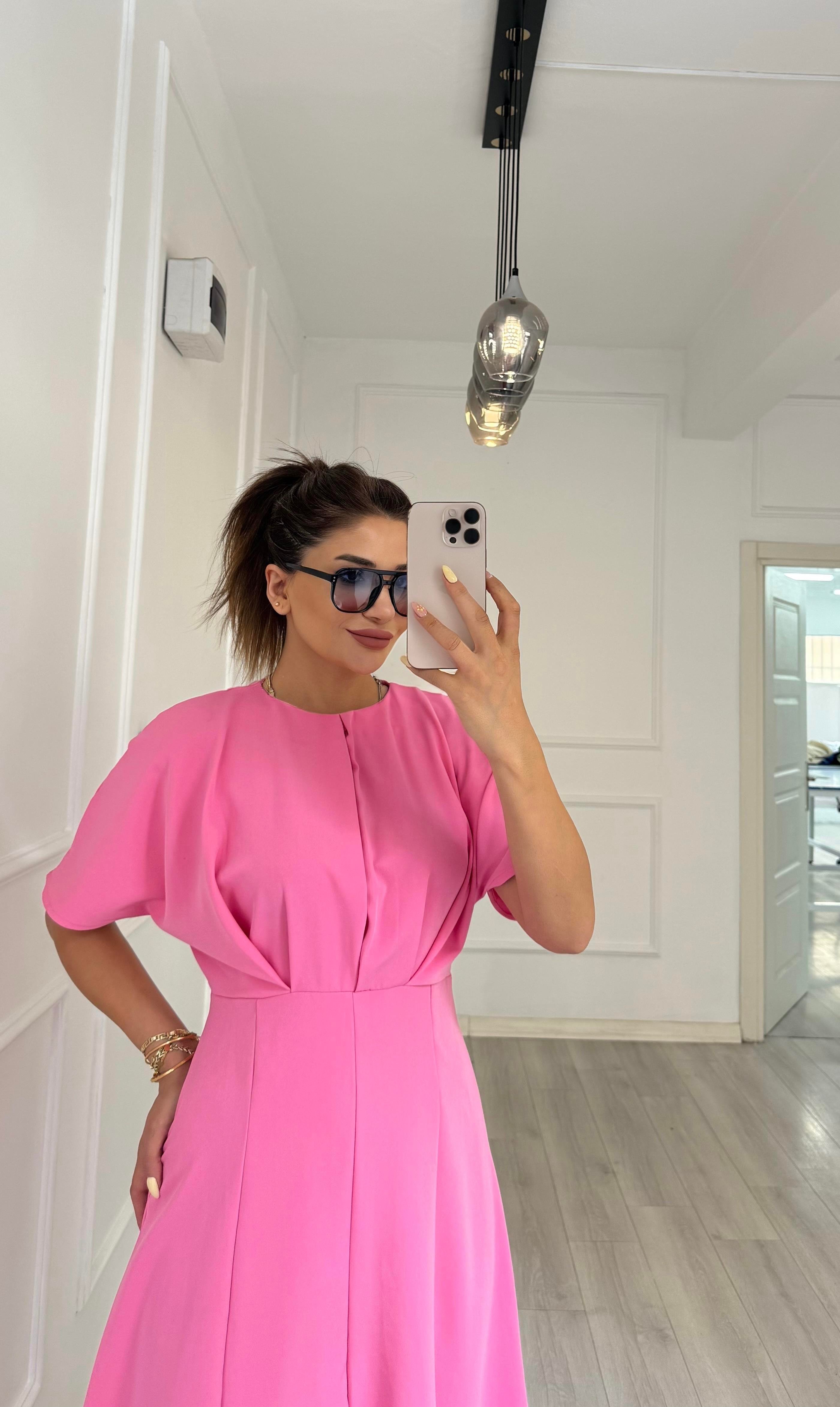 Balon Kol  Volanlı Atlas Kumaş Elbise-pembe