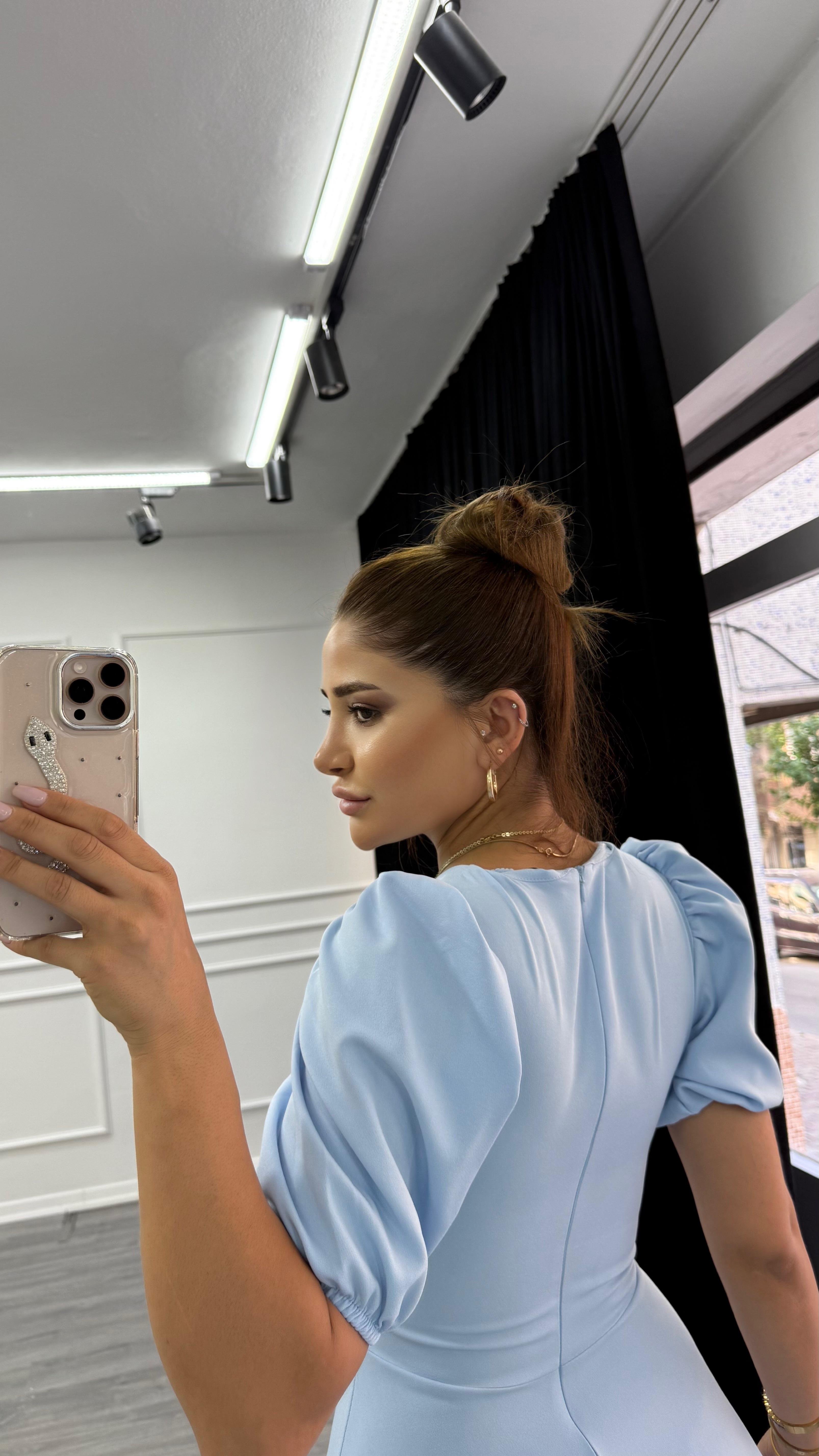 Bebe Mavi  Bisiklet Yaka Kısa Karpuz Kol Midi Boy Premium Elbise
