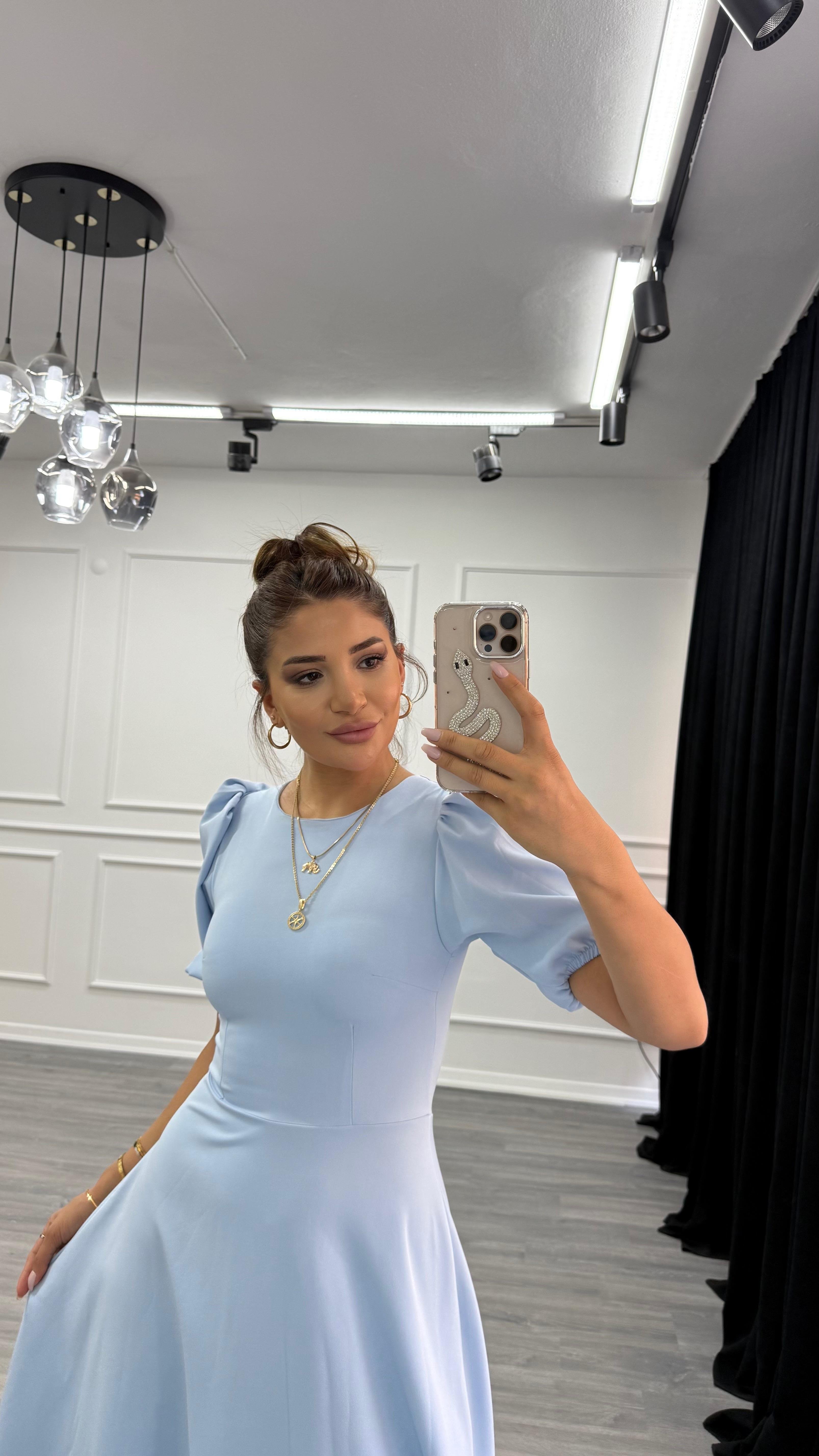 Bebe Mavi  Bisiklet Yaka Kısa Karpuz Kol Midi Boy Premium Elbise