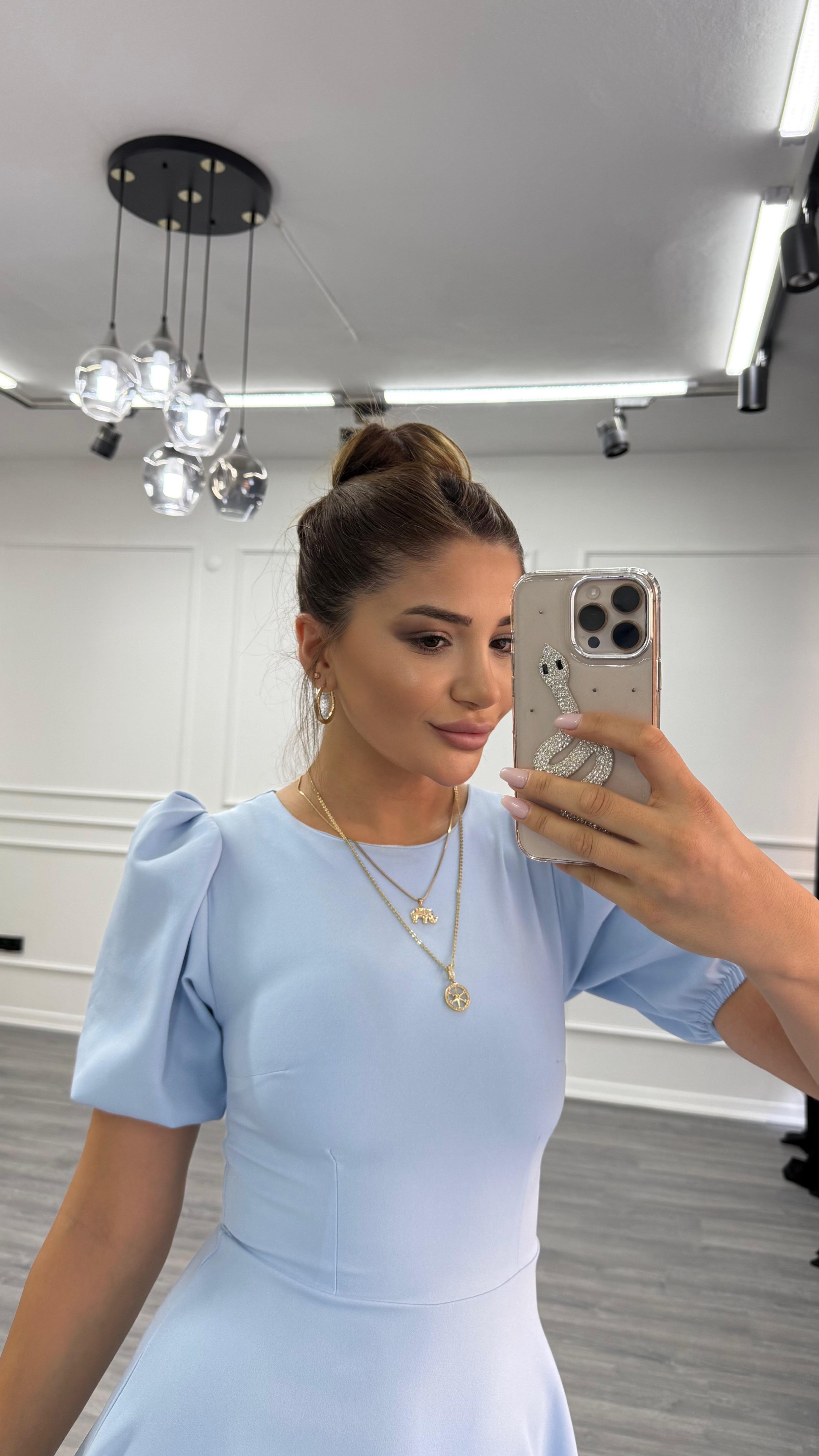 Bebe Mavi  Bisiklet Yaka Kısa Karpuz Kol Midi Boy Premium Elbise