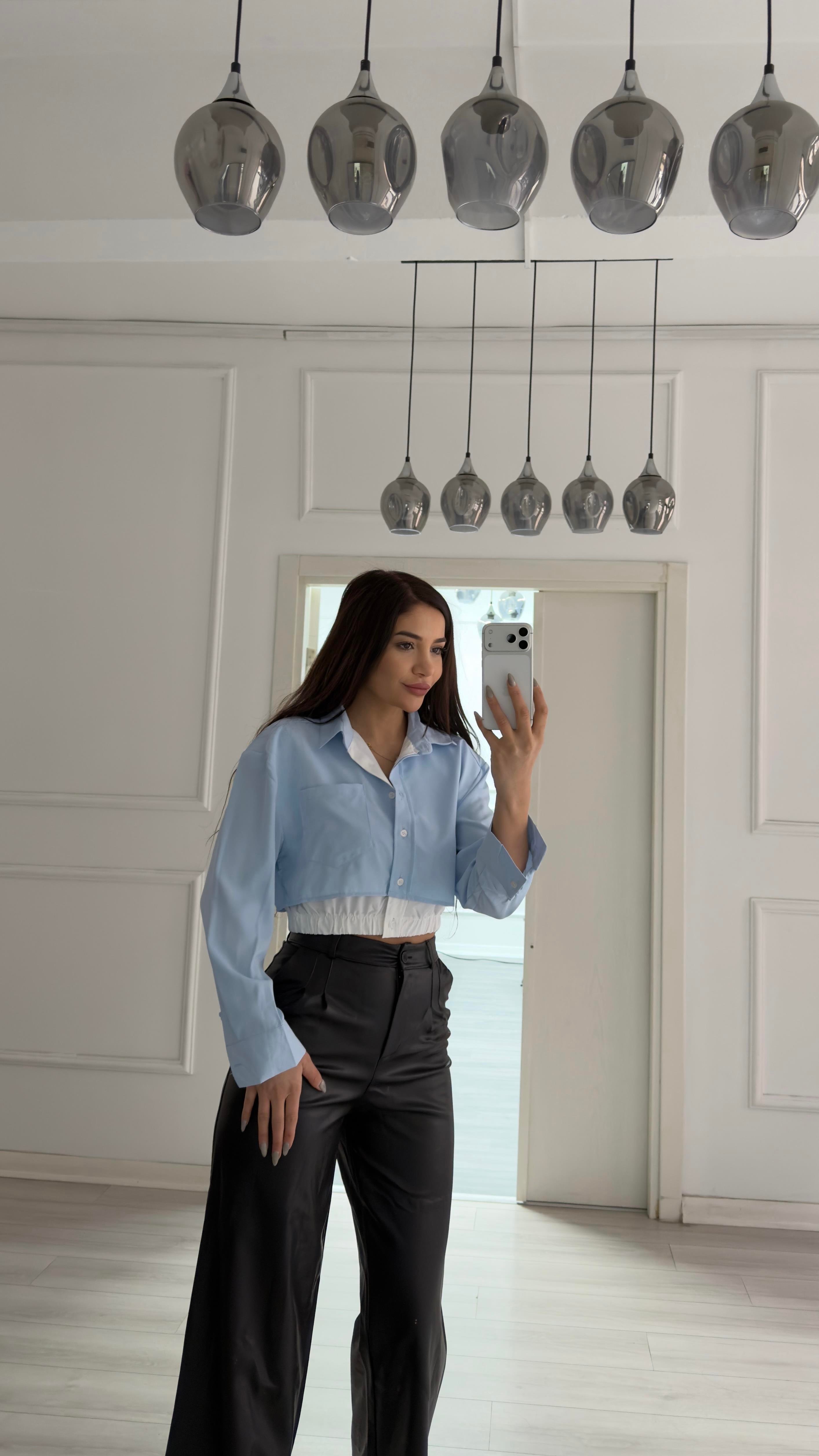Bebe Mavi  Düğmeli Beli Lastikli Gömlek