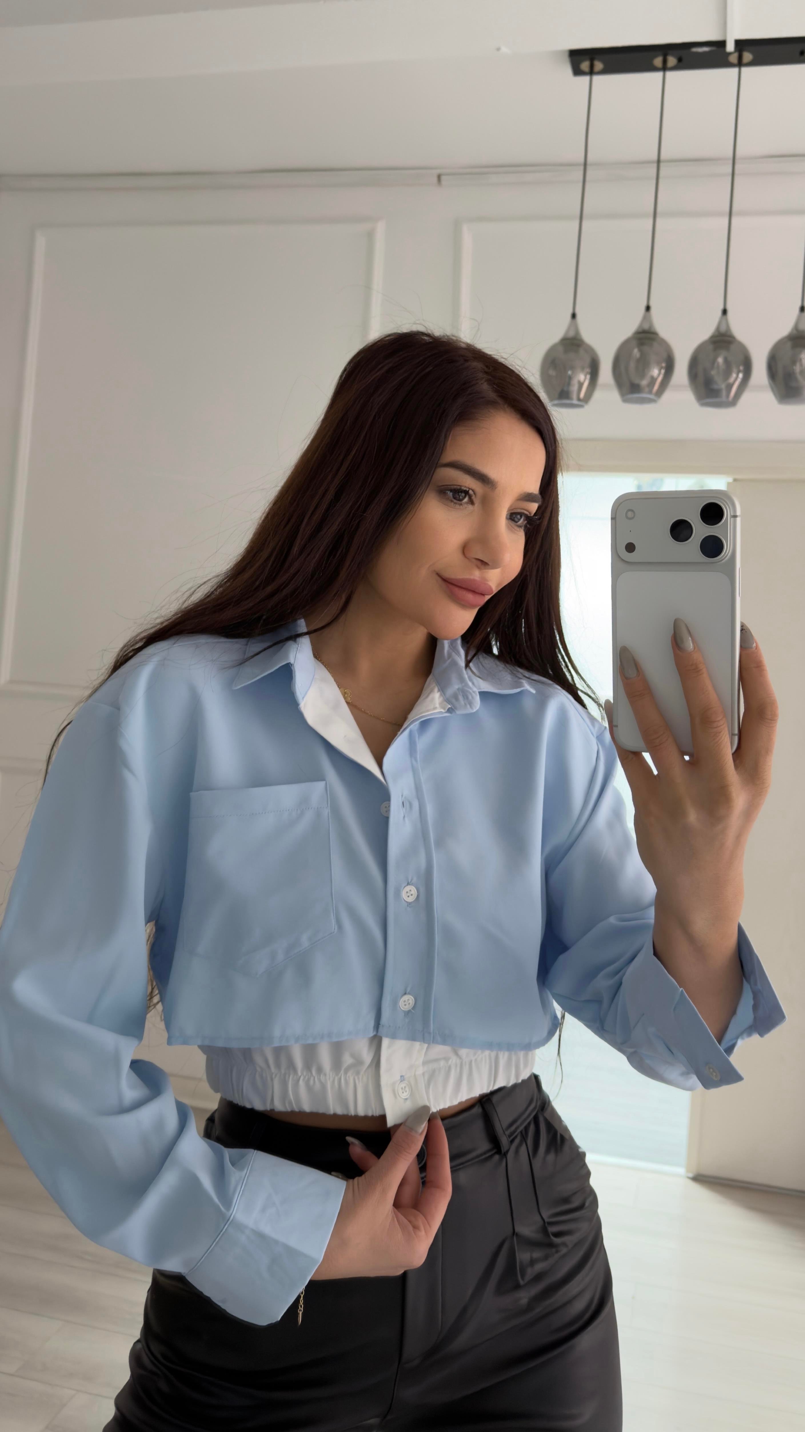 Bebe Mavi  Düğmeli Beli Lastikli Gömlek