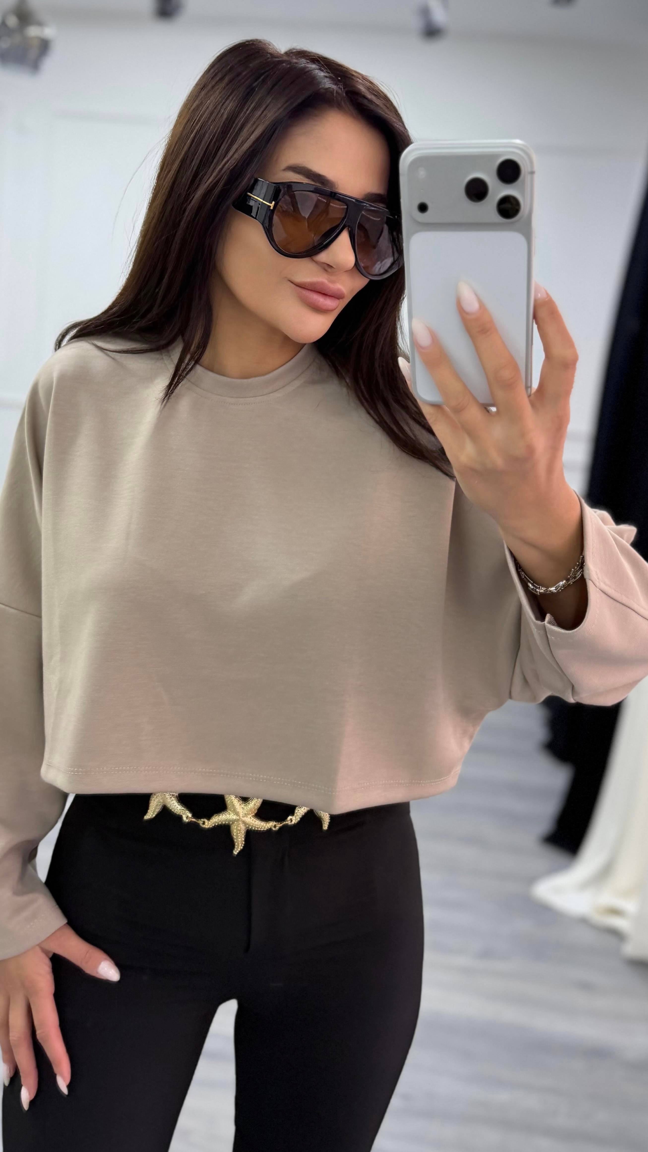 Bej  Bisiklet Yaka Oversize Sweatshirt