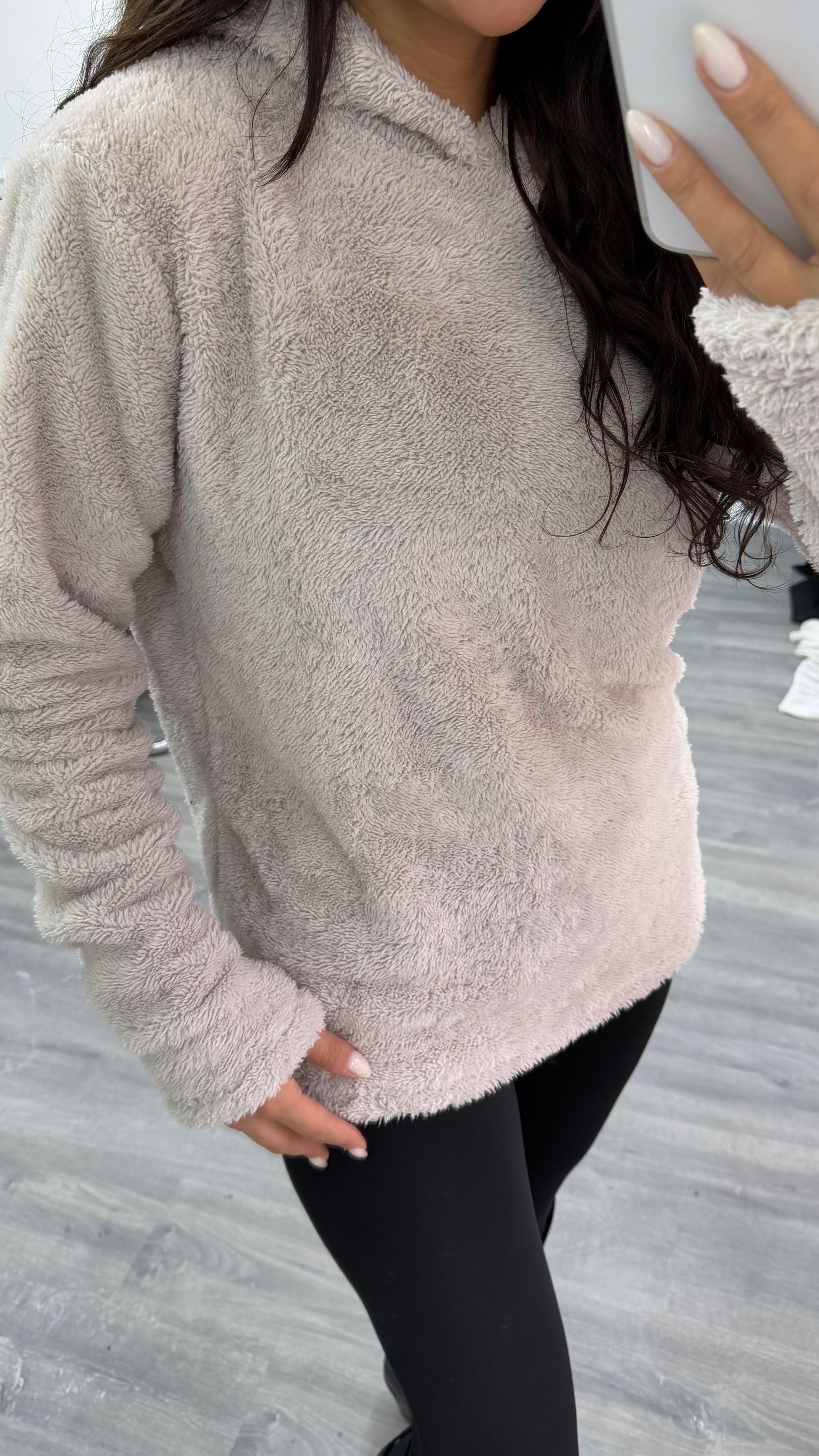Bej Kapüşonlu Yumoş Oversize Peluş Sweatshirt