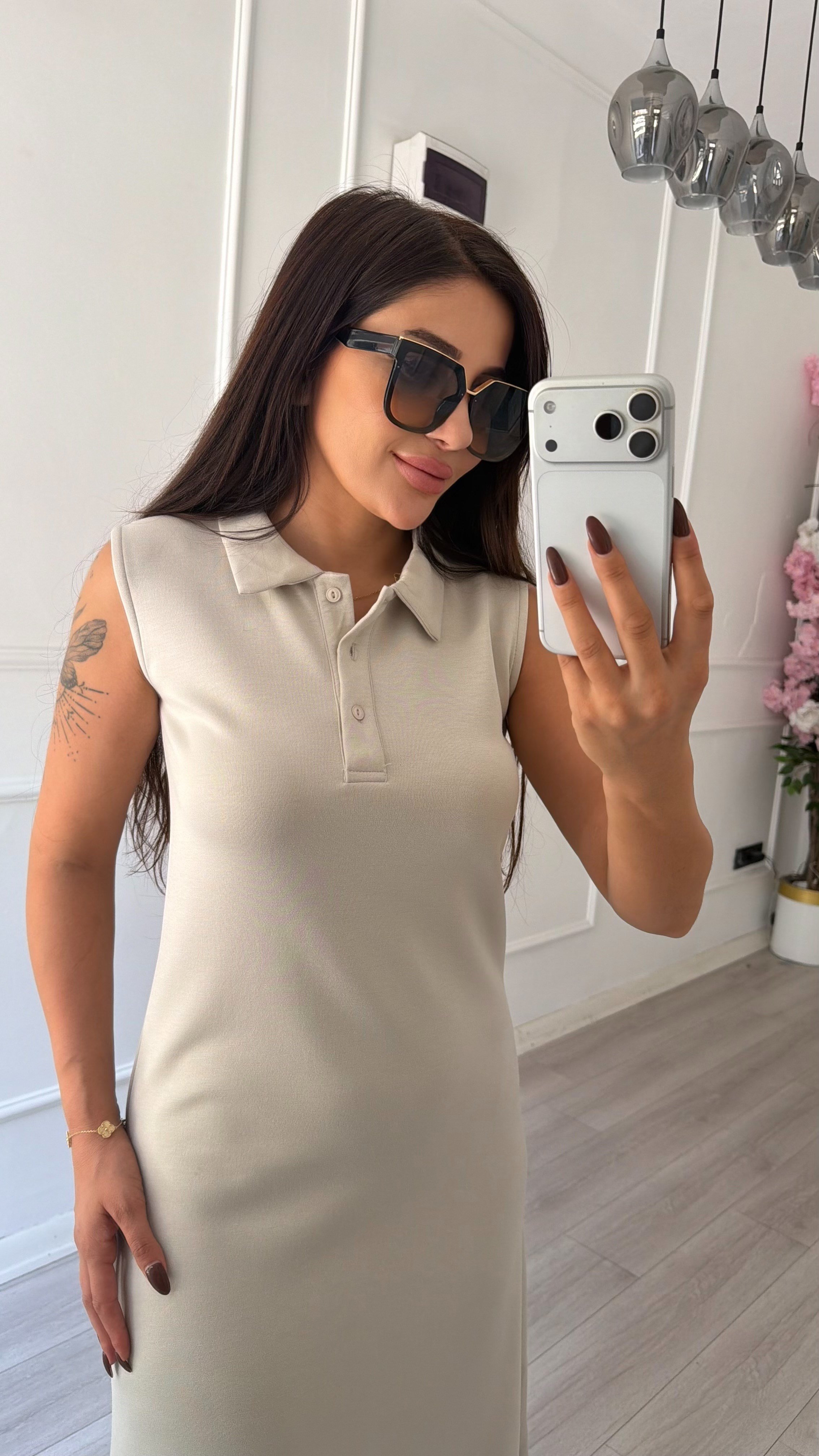 Bej Polo Yaka Sıfır Kol Uzun Elbise