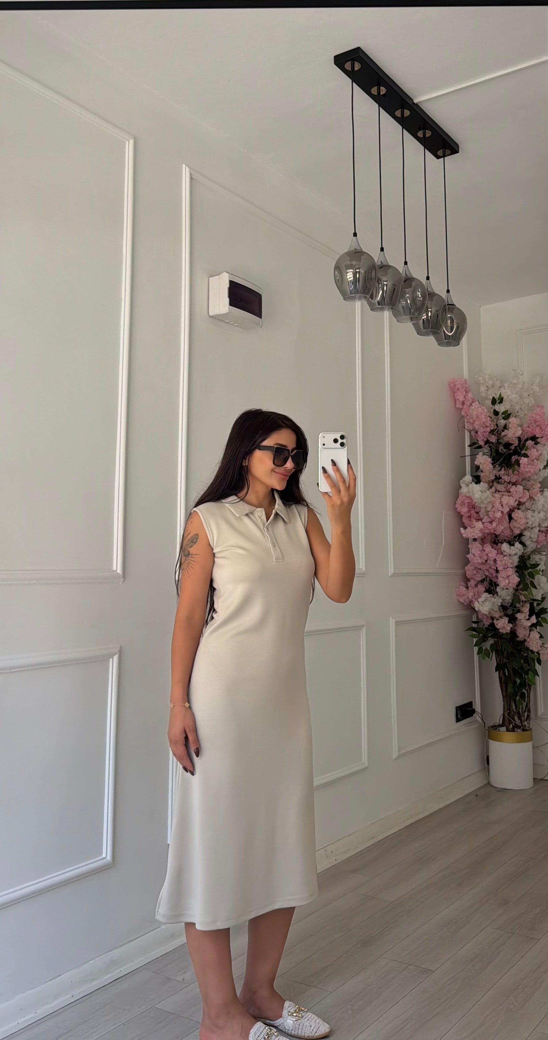 Bej Polo Yaka Sıfır Kol Uzun Elbise