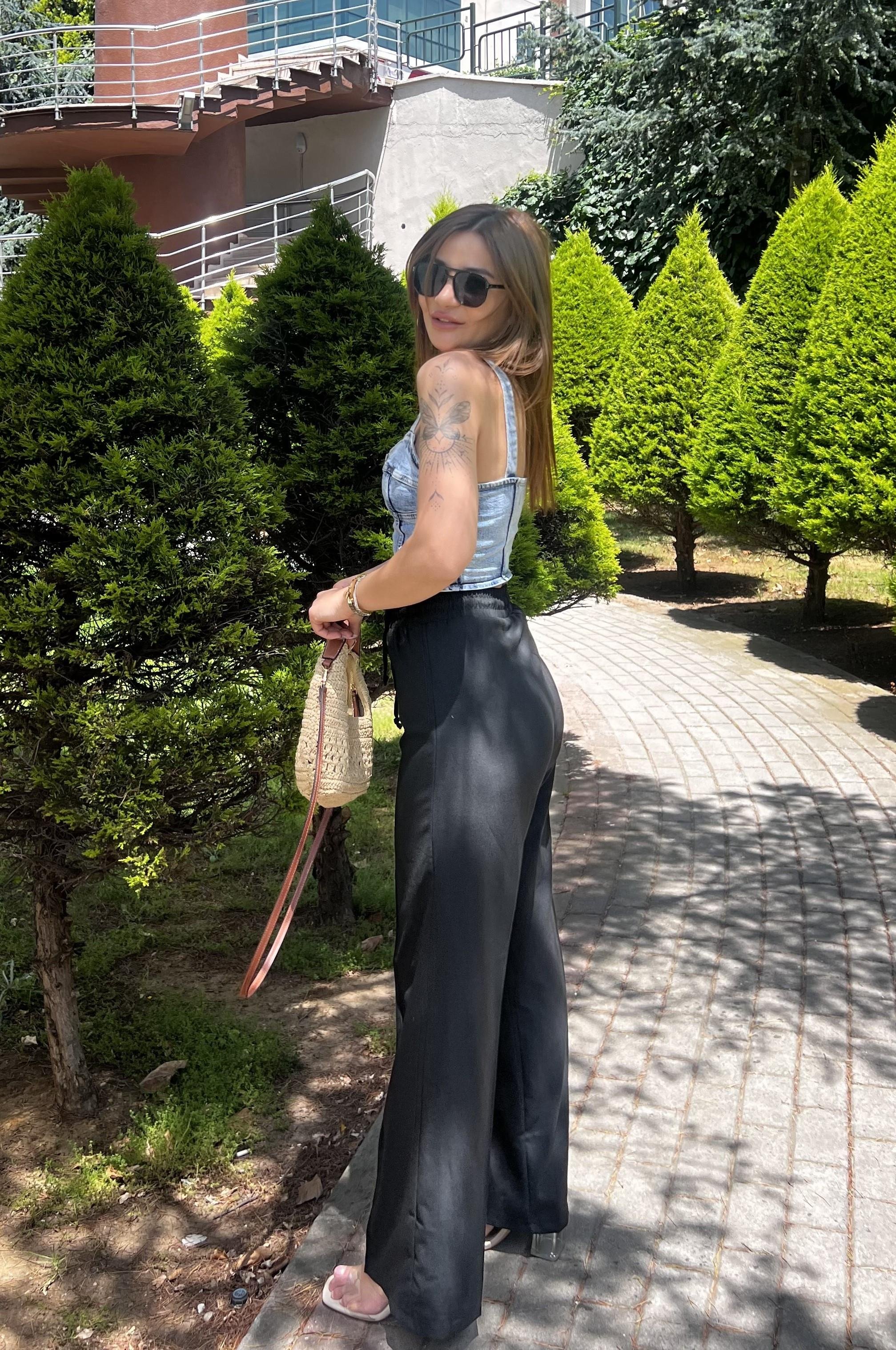 BELİ LASTİKLİ  POLİVİSKON PANTOLON -SİYAH