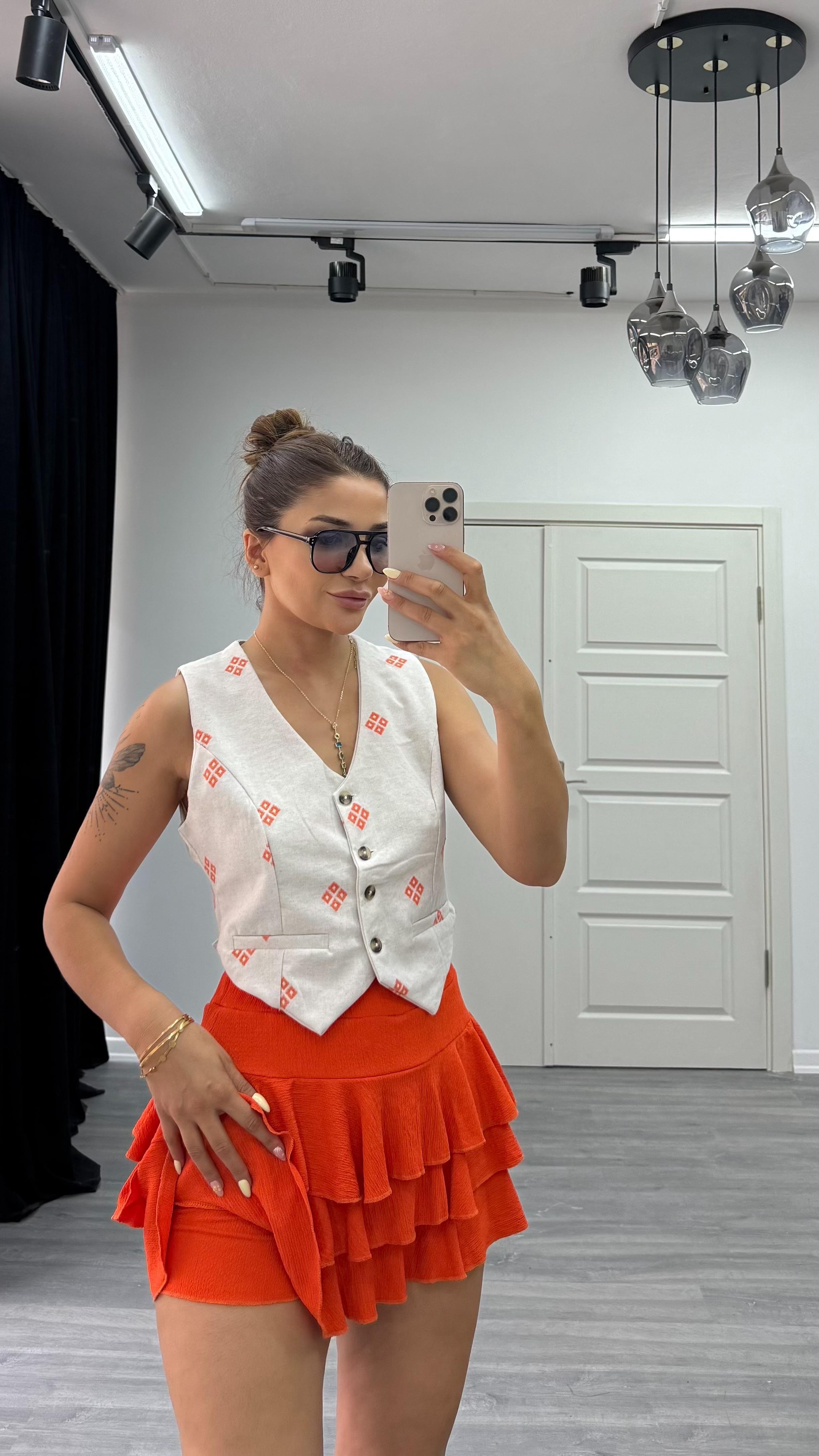 Belli Lastıkli Fırfırlı Mini Şort Etek Oranj