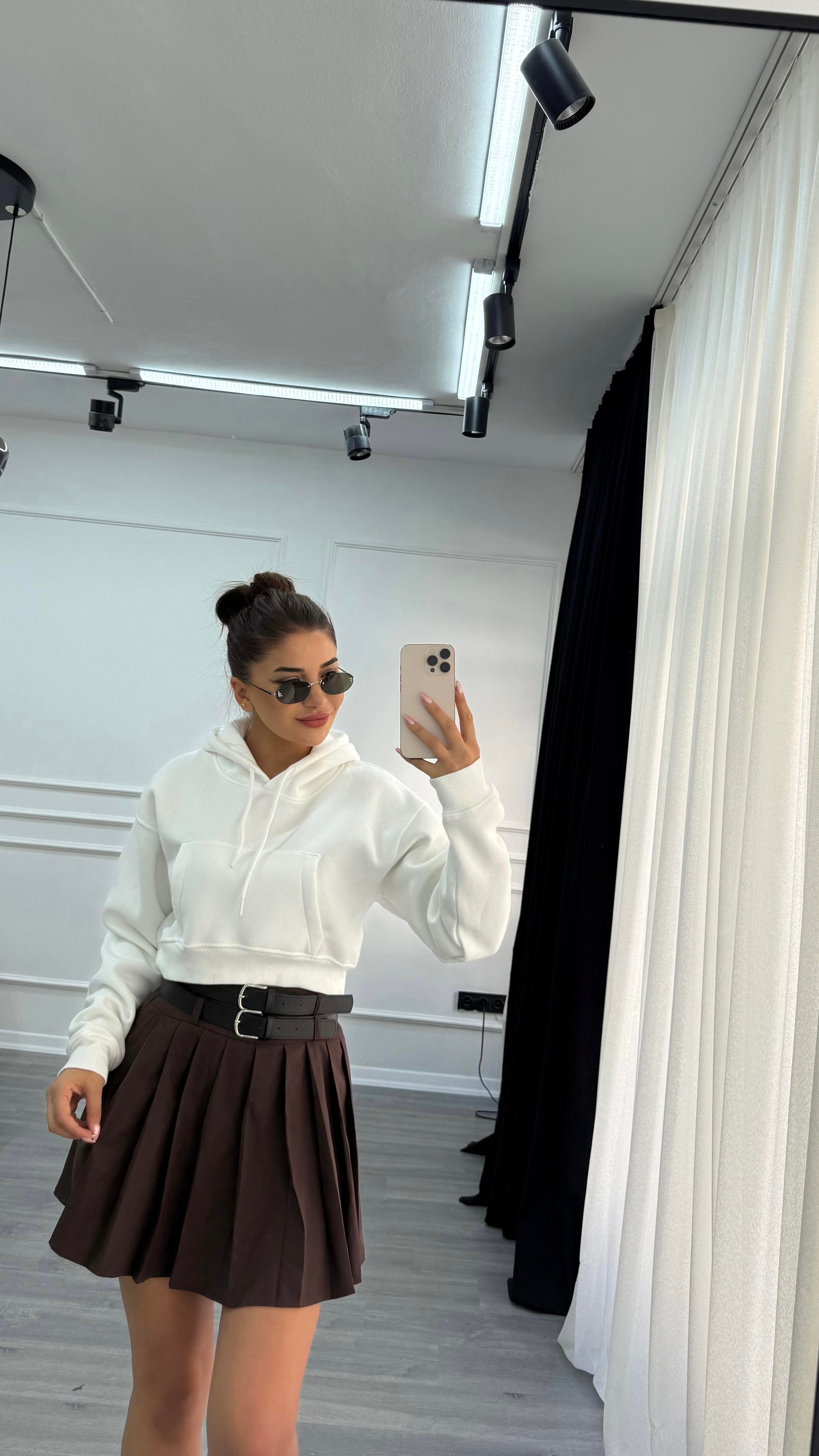 Beyaz Basic Fermuarlı Kapüşonlu Crop Kalın İçi Polarlı Örme Sweatshirt