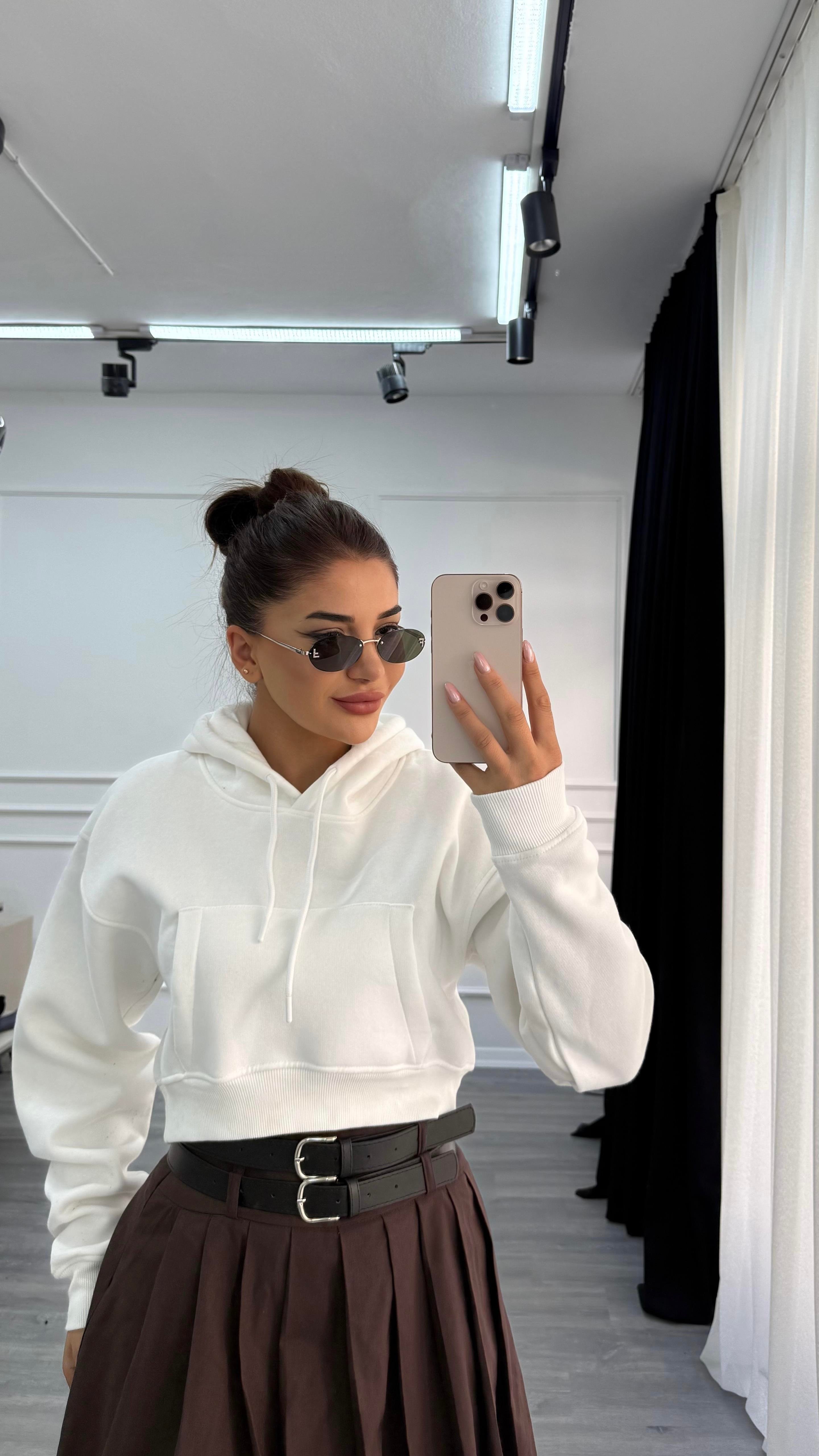 Beyaz Basic Fermuarlı Kapüşonlu Crop Kalın İçi Polarlı Örme Sweatshirt