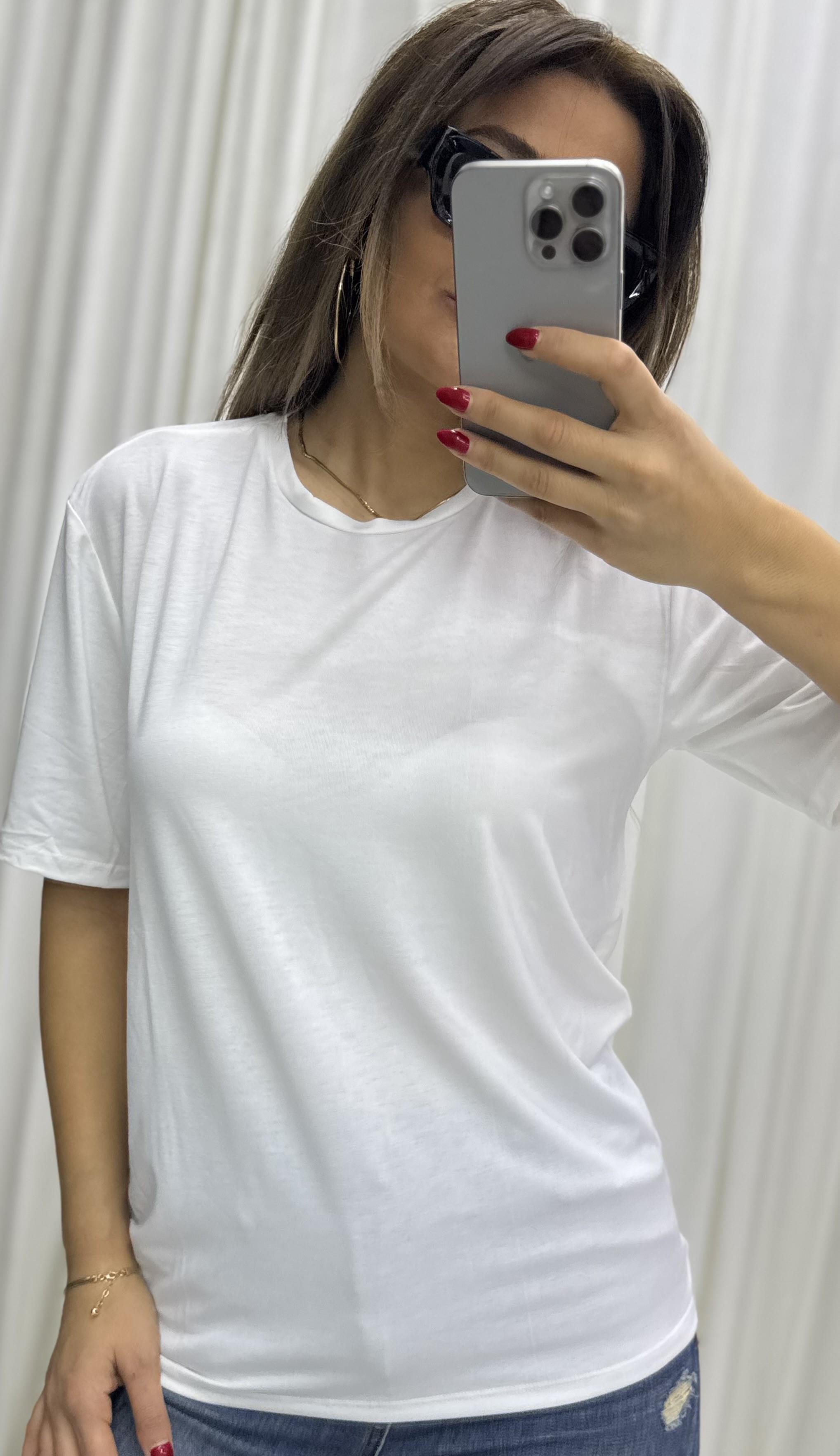 Beyaz Bisiklet Yaka T-Shirt
