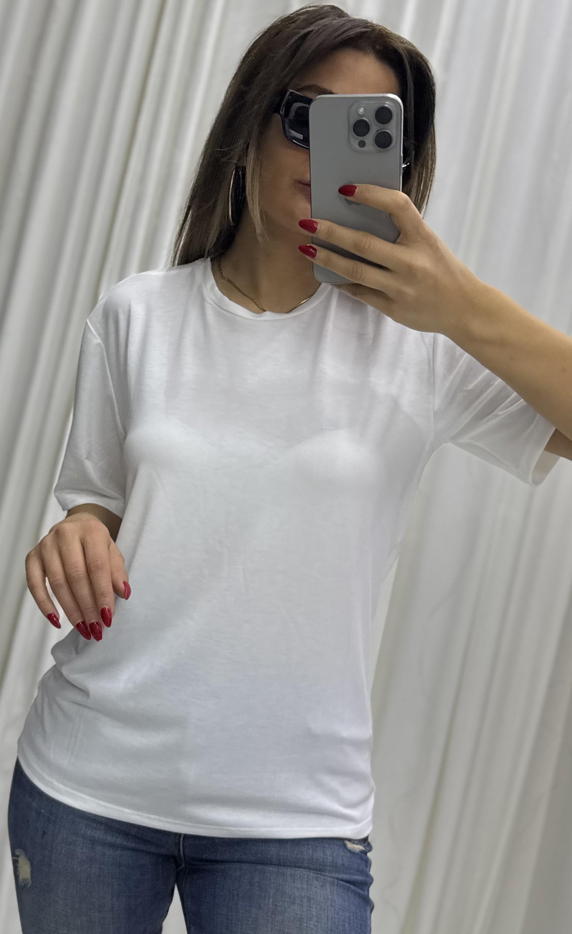 Beyaz Bisiklet Yaka T-Shirt