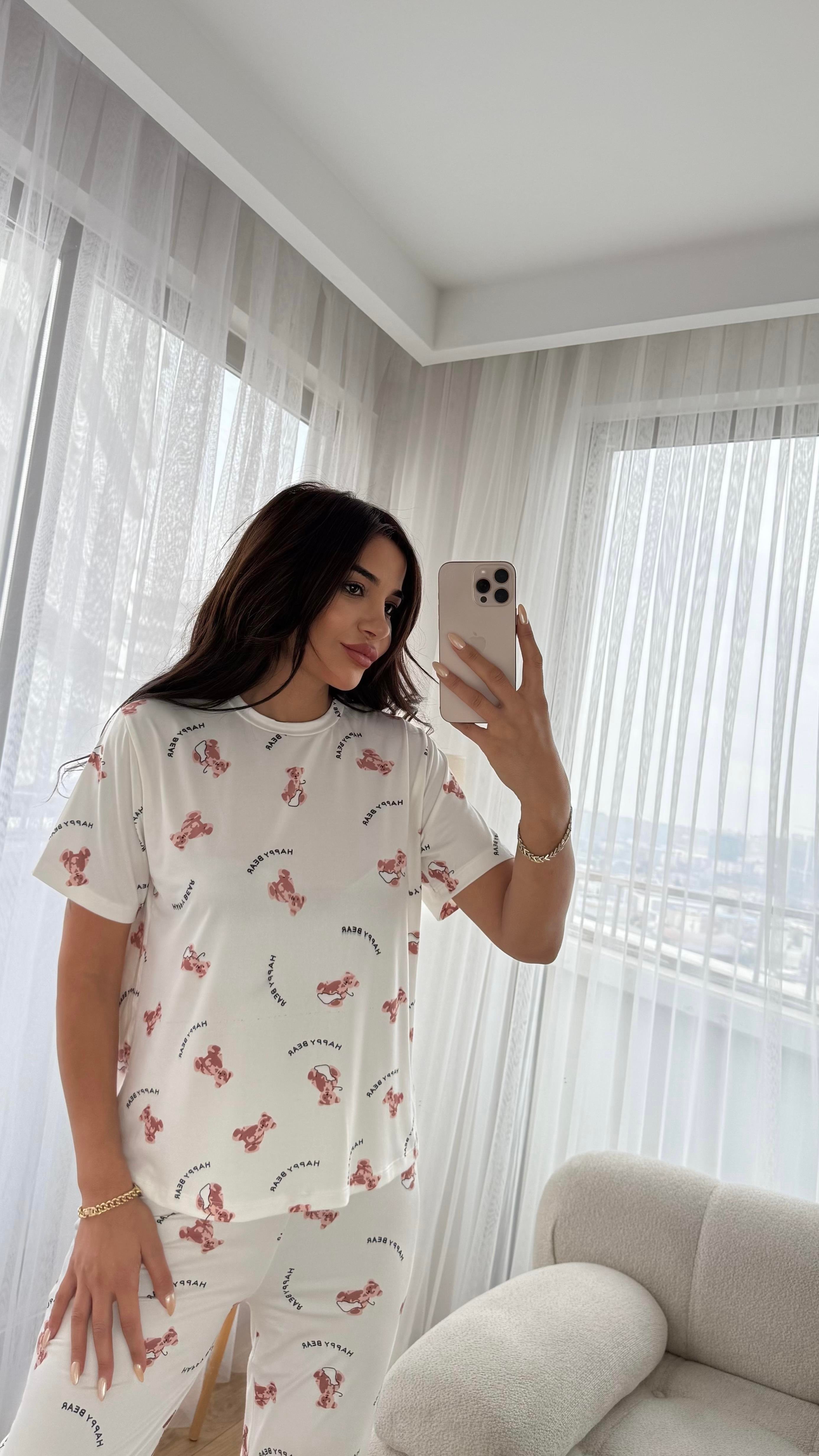Beyaz Premium Kalite Kısa Kollu Ayıcık Desenli Pijama Takımı