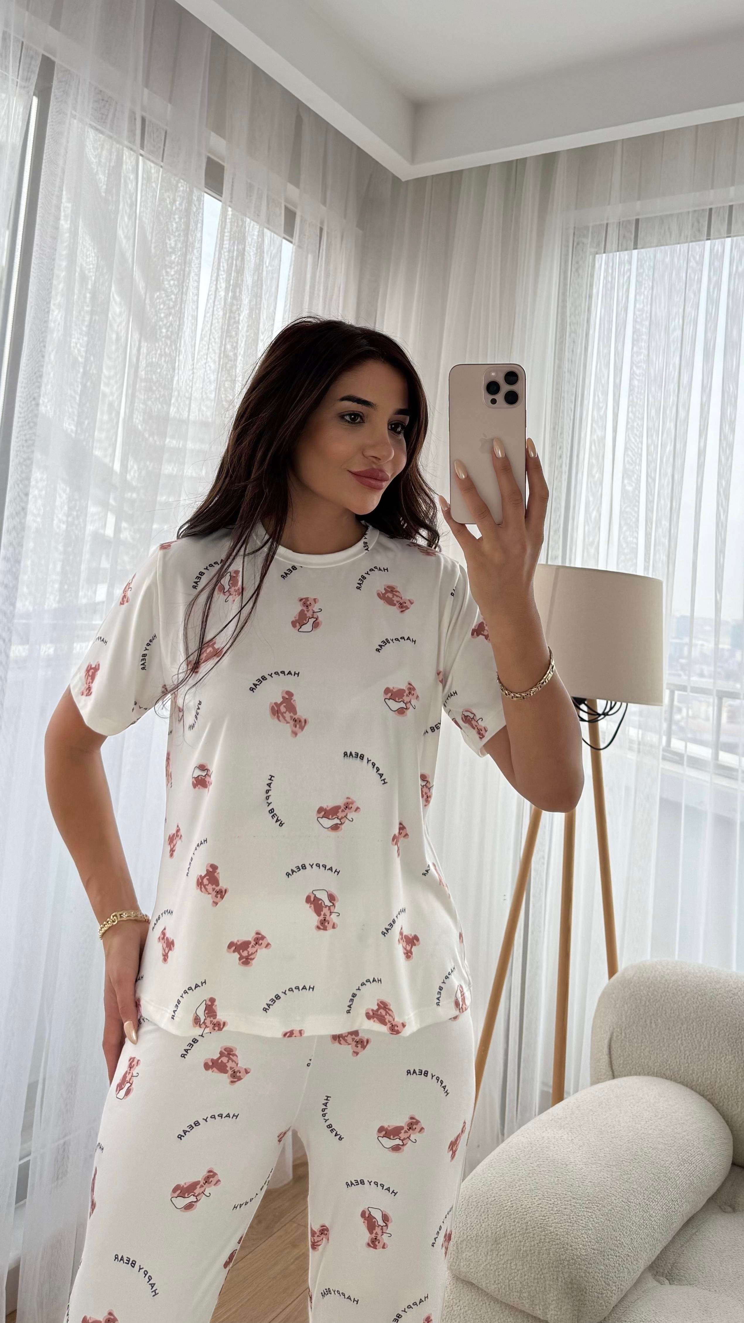 Beyaz Premium Kalite Kısa Kollu Ayıcık Desenli Pijama Takımı