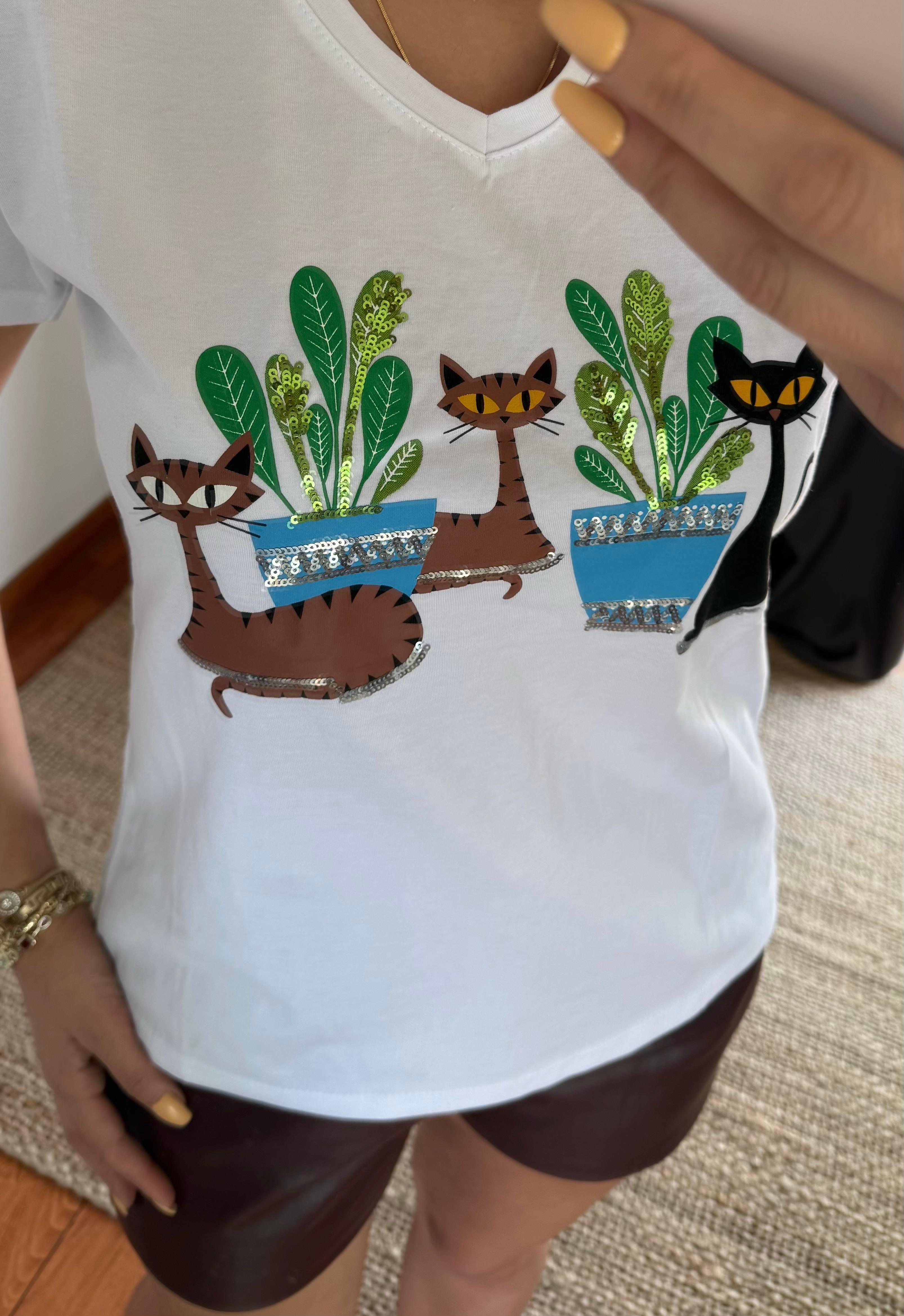 Beyaz Yeni Sezon %100 Pamuk T-shirt-Kaktüs Pul Payet İşlemeli
