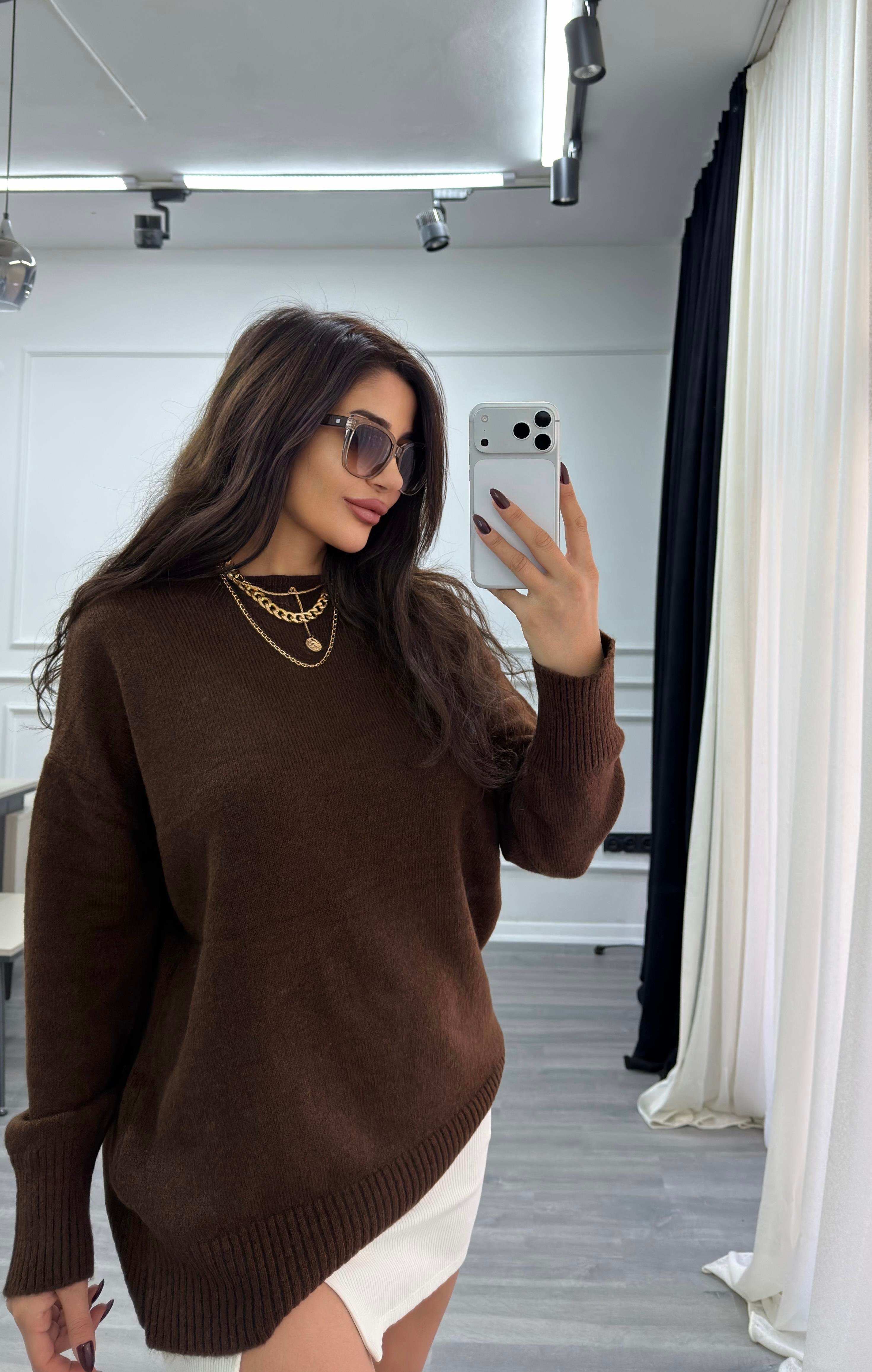 Bisiklet Yaka Oversize Kazak Acı Kahve