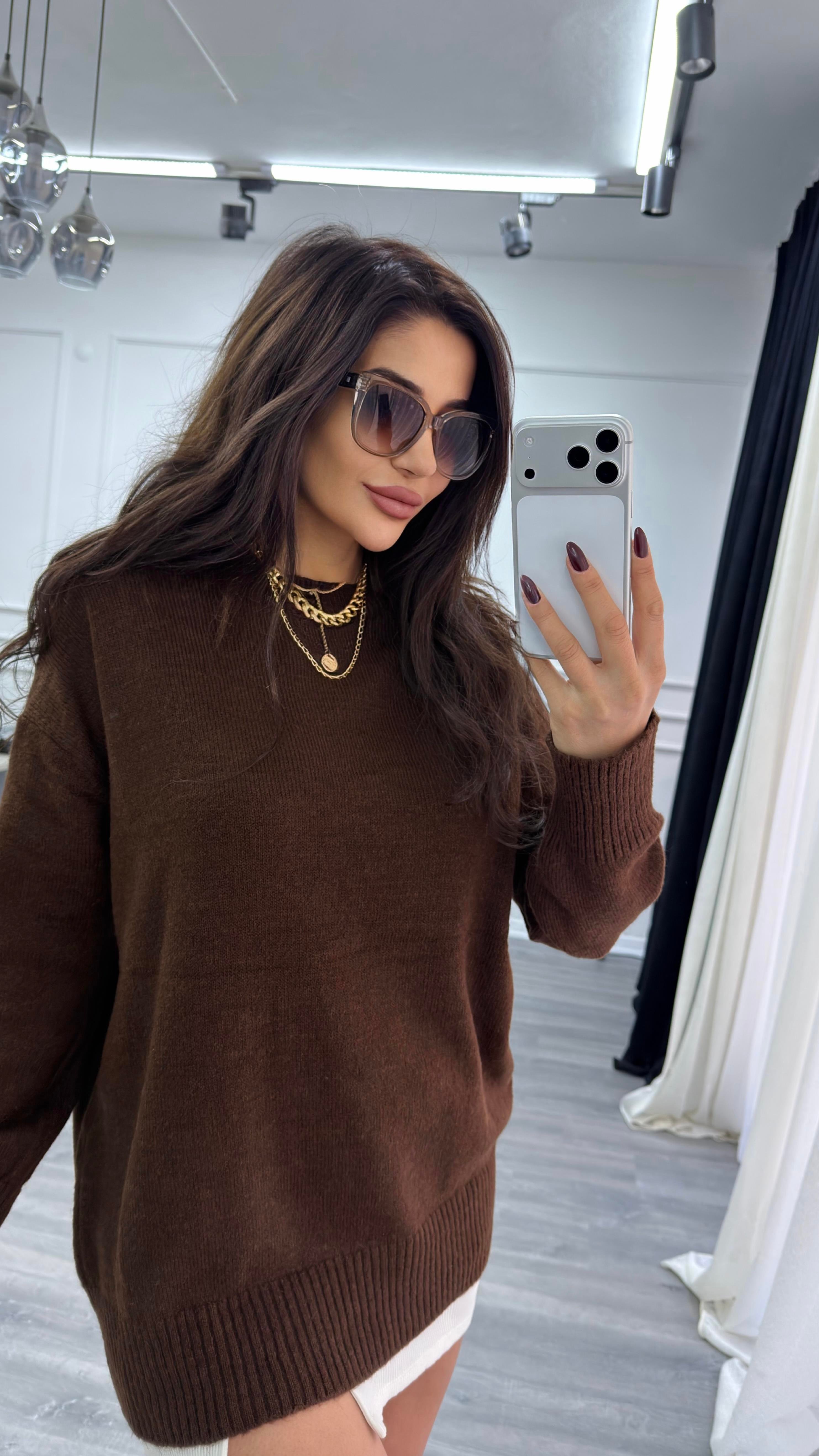 Bisiklet Yaka Oversize Kazak Acı Kahve