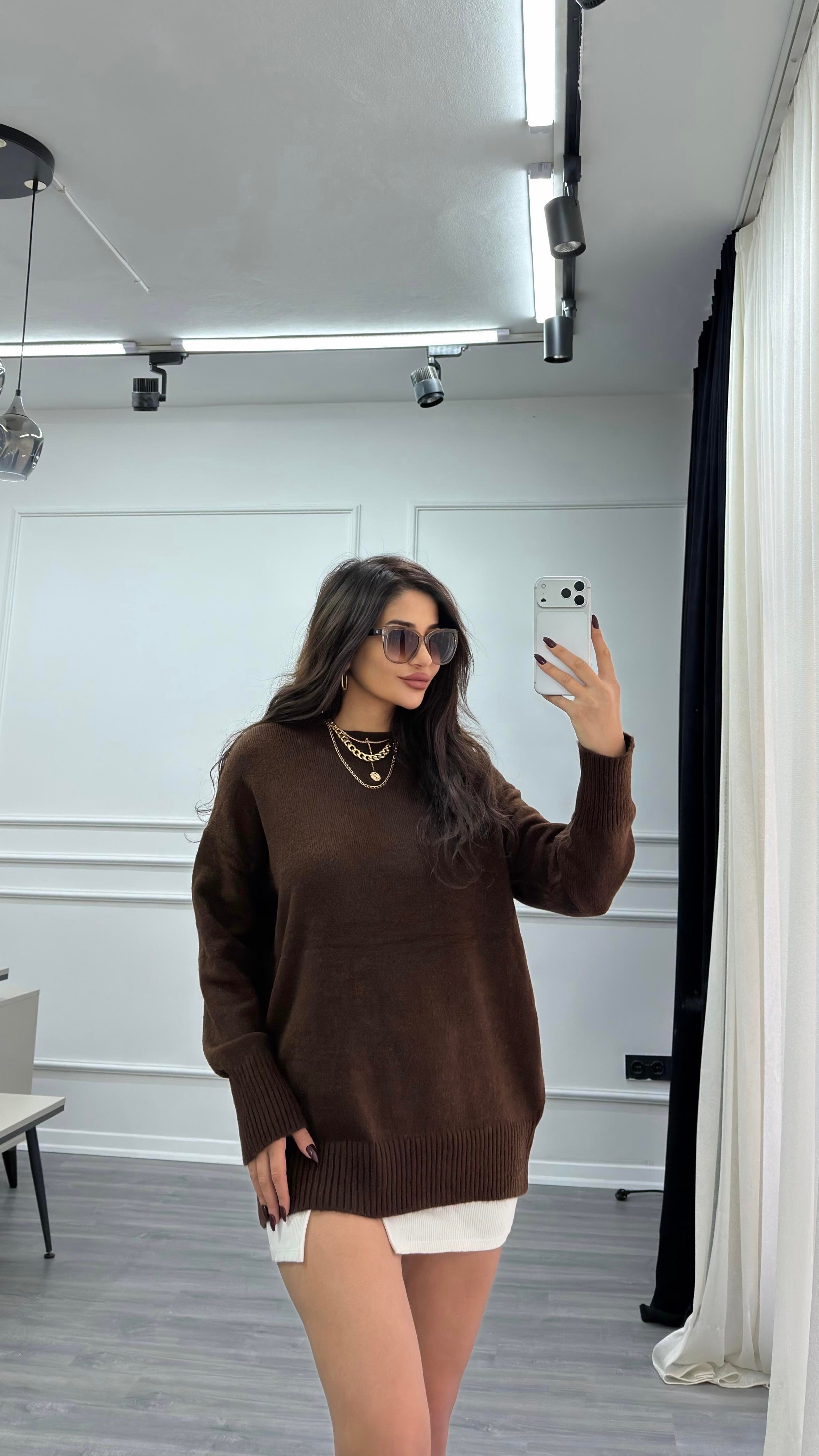 Bisiklet Yaka Oversize Kazak Acı Kahve