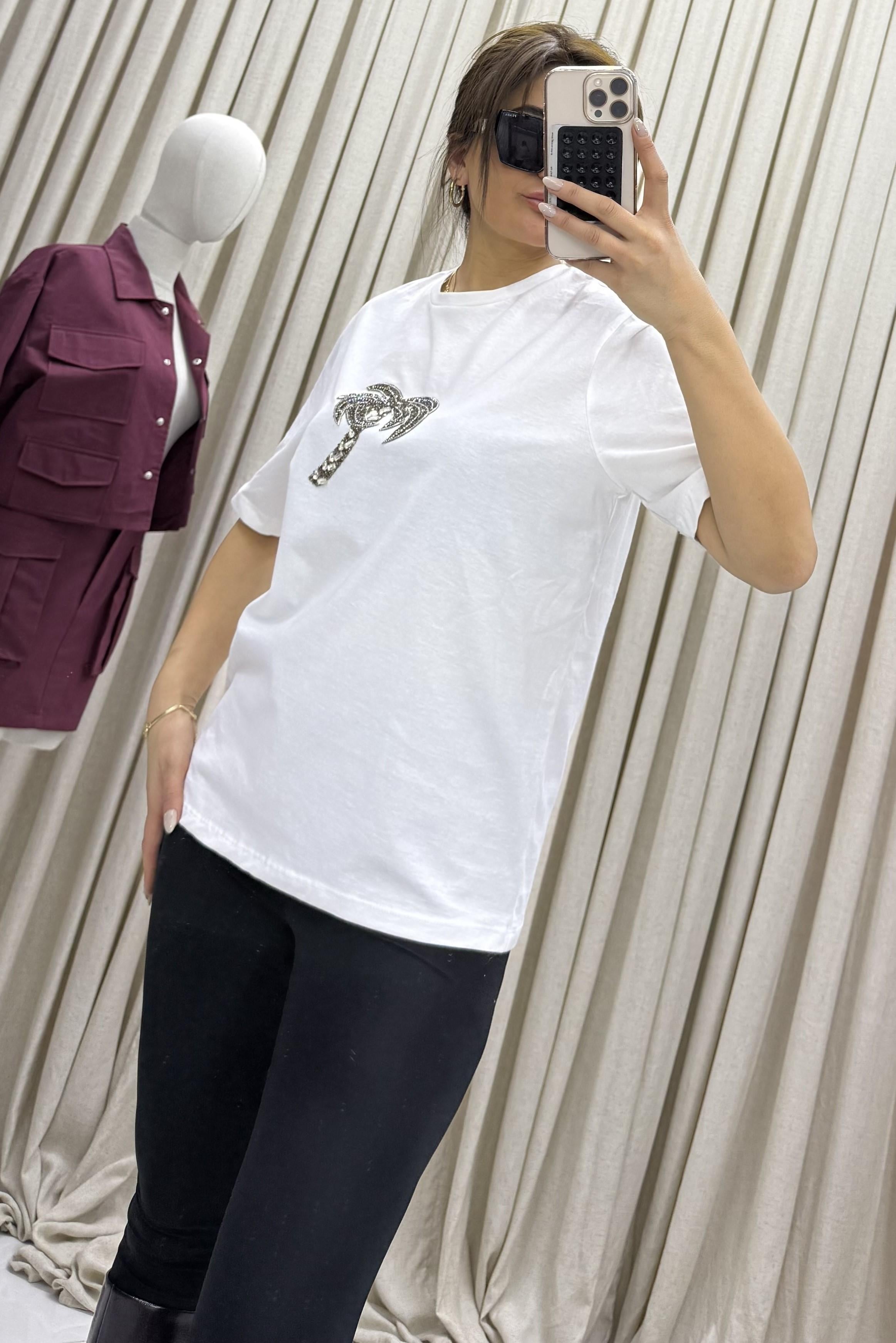 Bisiklet yaka, palmiye taş işlemeli t-shirt-Beyaz