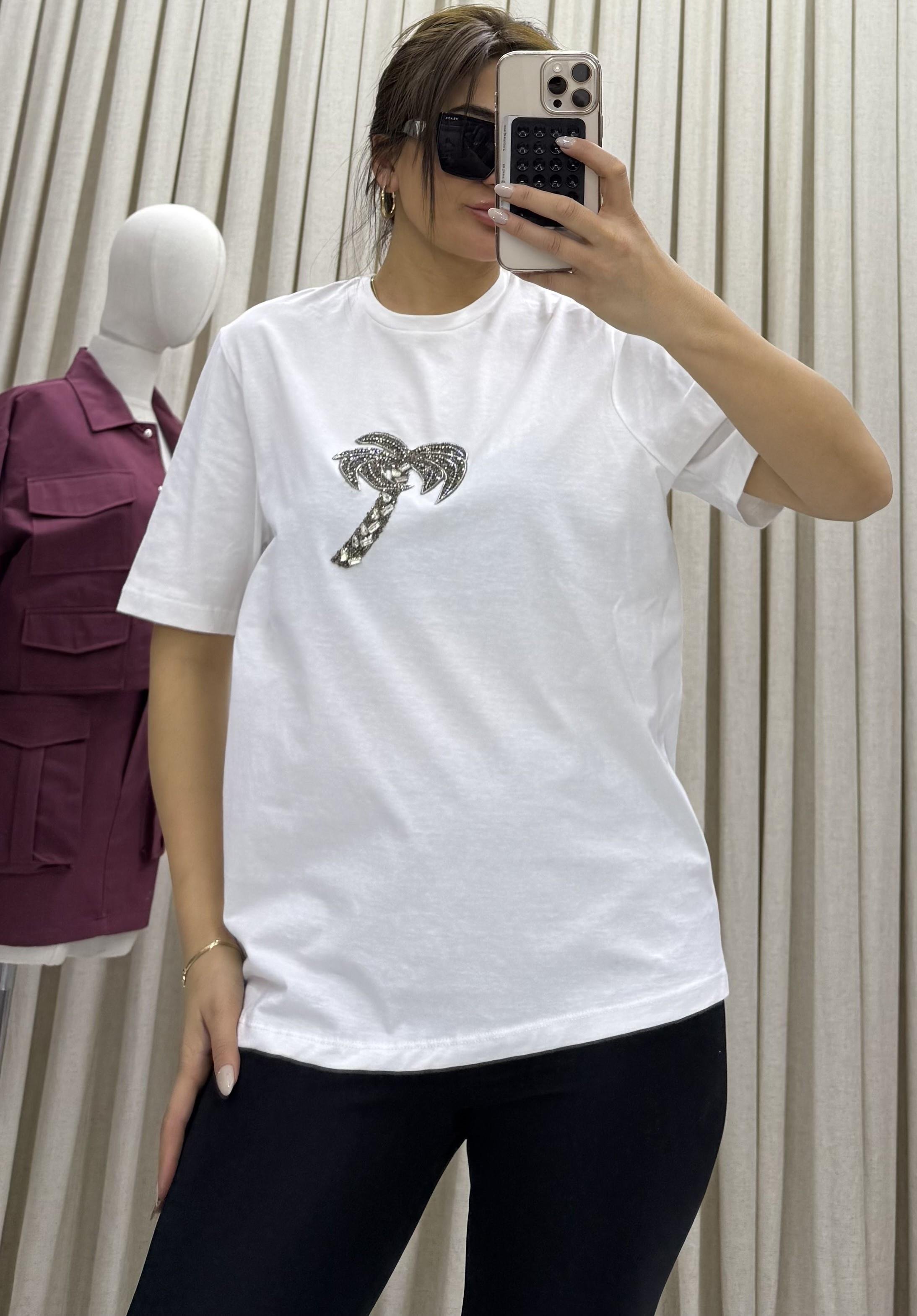 Bisiklet yaka, palmiye taş işlemeli t-shirt-Beyaz