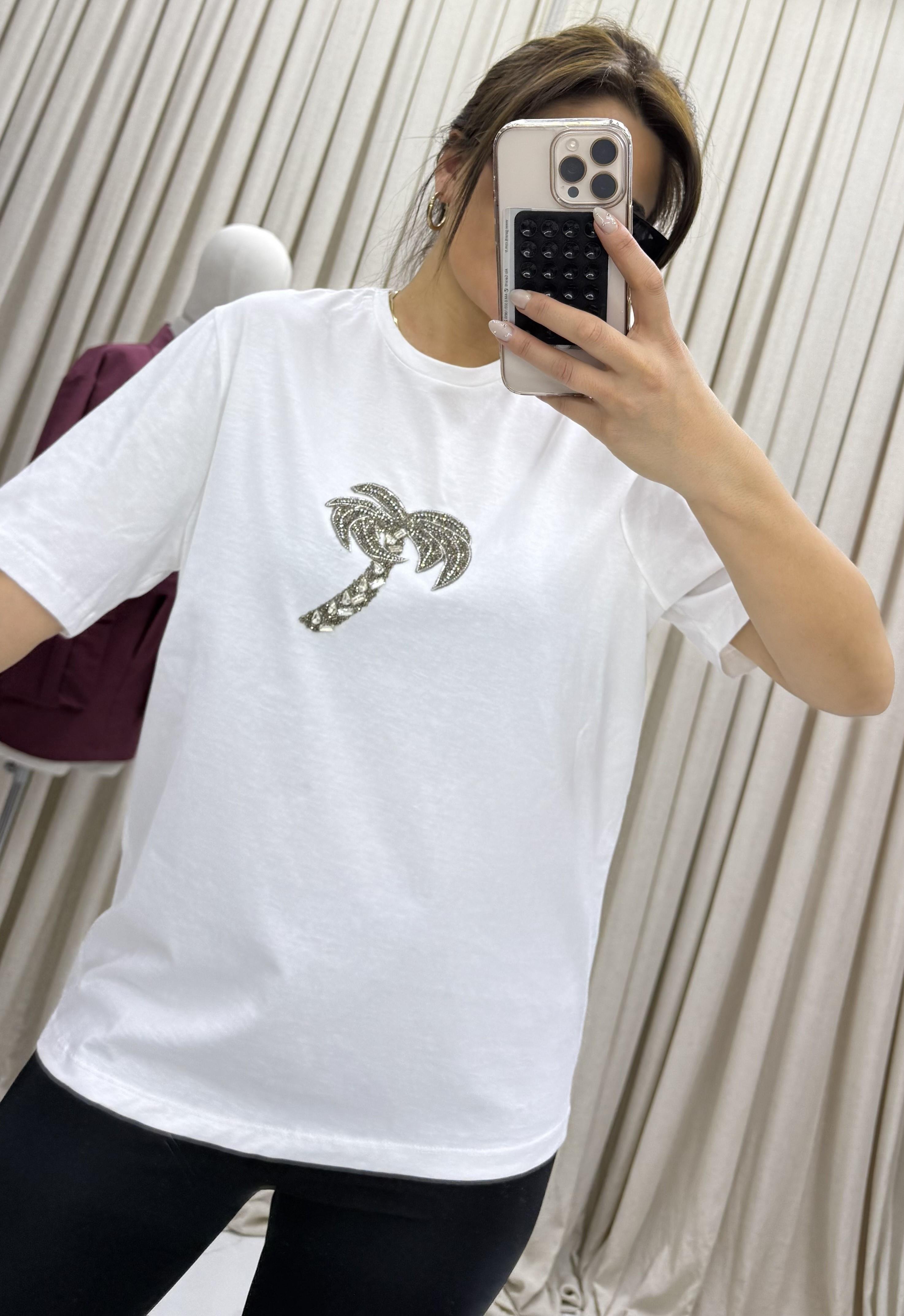 Bisiklet yaka, palmiye taş işlemeli t-shirt-Beyaz